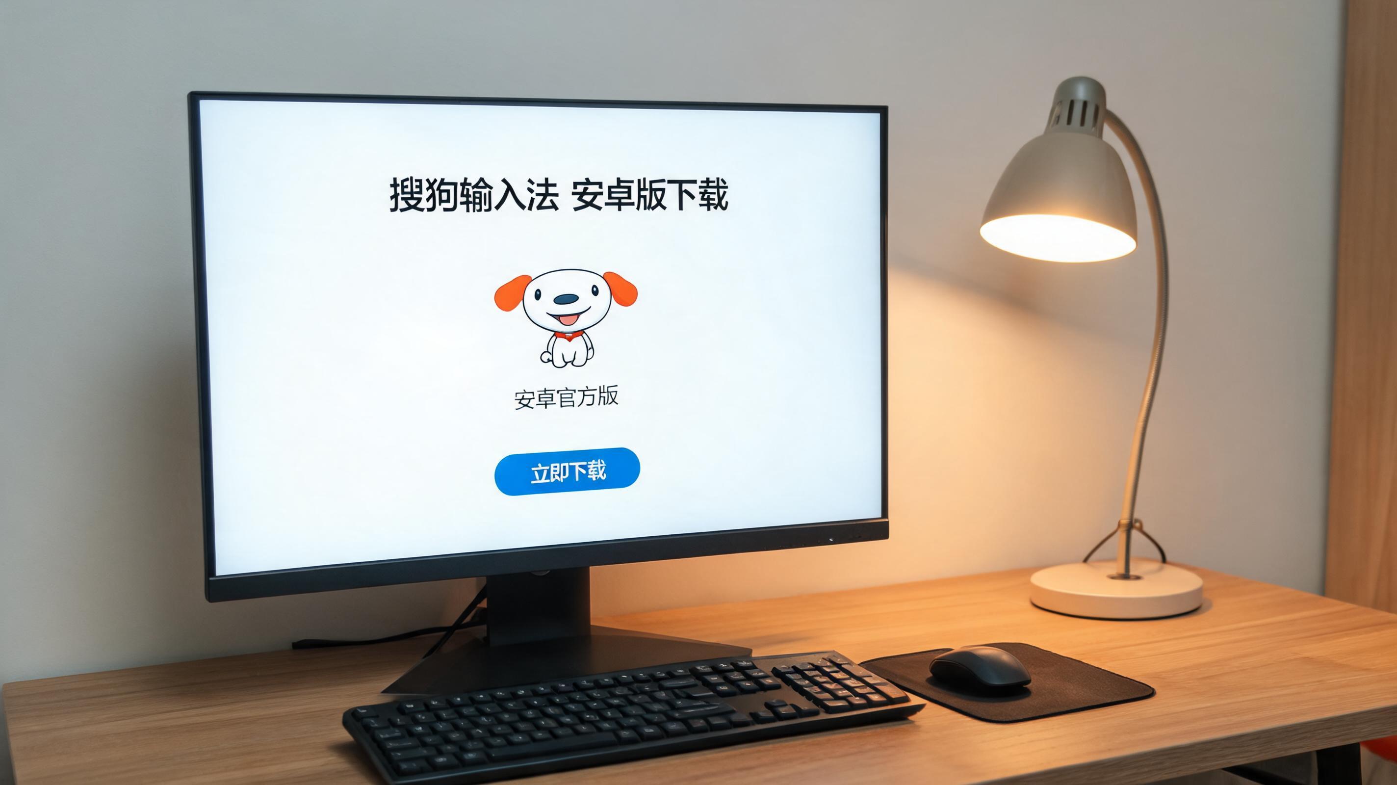 电脑桌上的电脑，屏幕显示搜狗输入法安卓版下载界面，旁边放着台灯