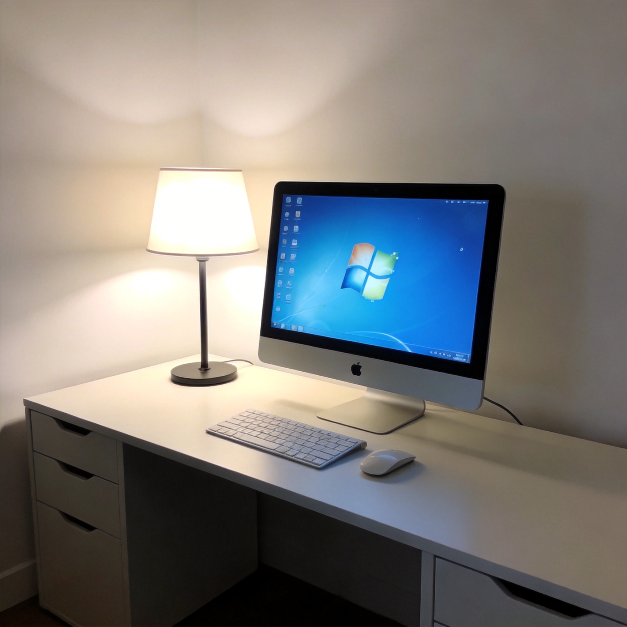 电脑桌上的电脑，屏幕显示Windows界面，旁边放着台灯