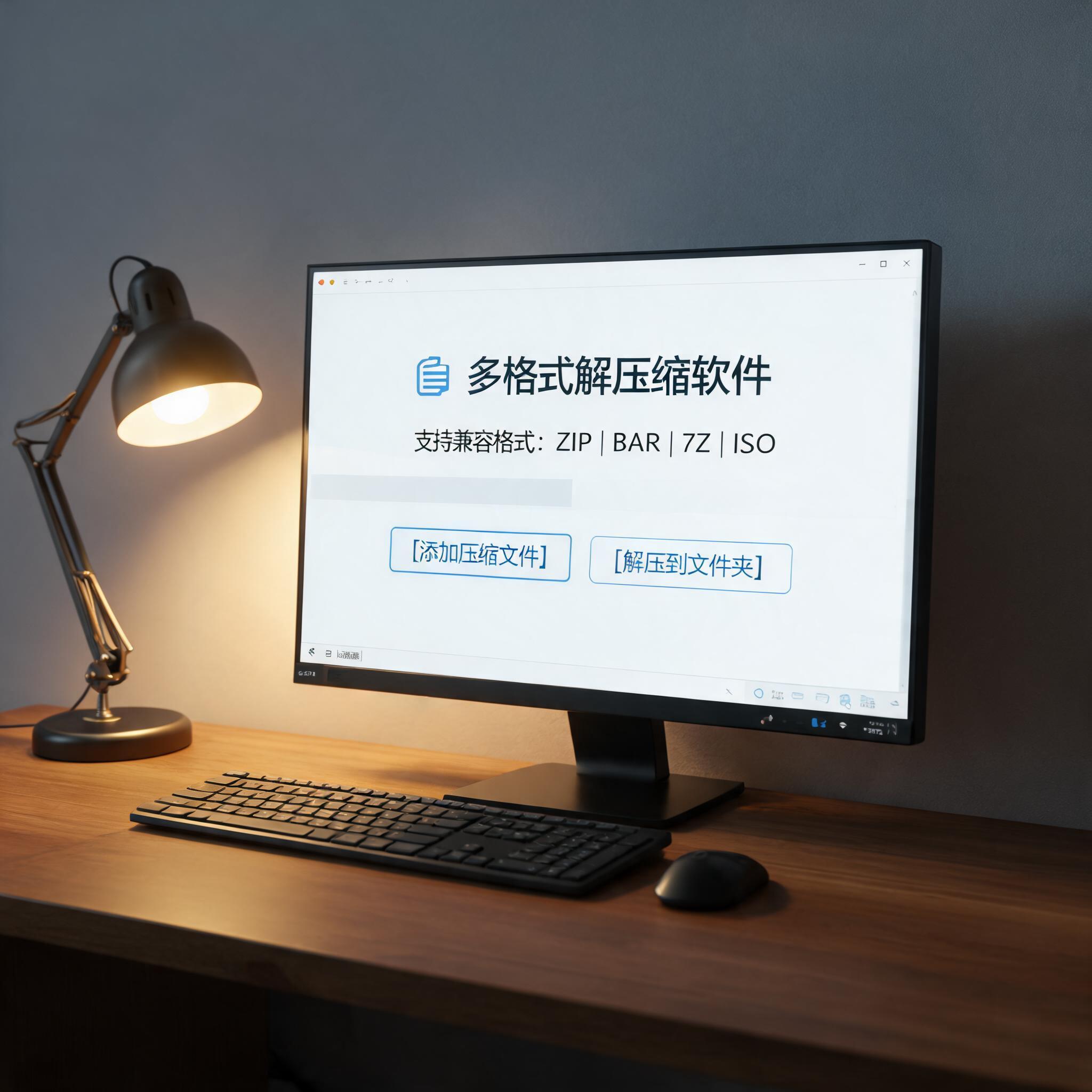 电脑桌上的电脑，屏幕显示多格式兼容解压缩软件界面，旁边放着台灯