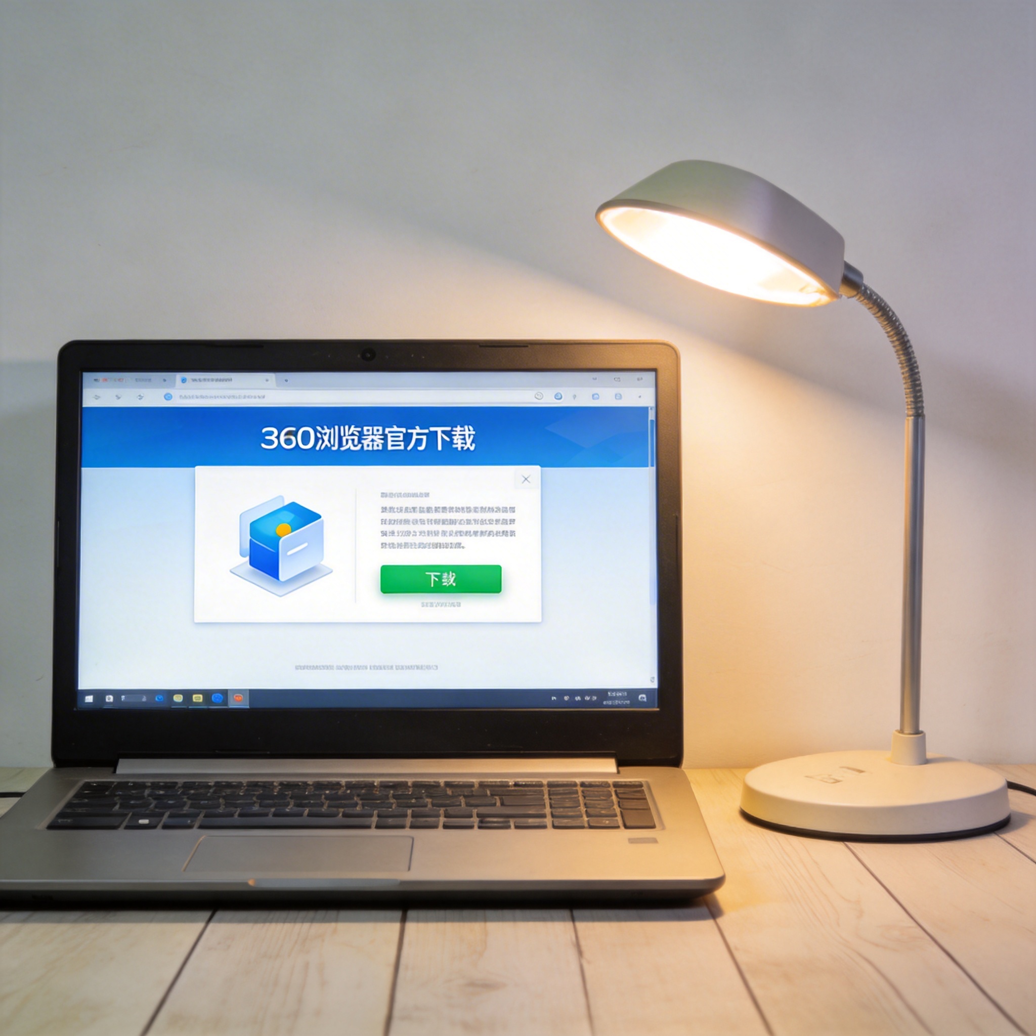 电脑桌上的电脑，屏幕显示360 浏览器官方下载界面，旁边放着台灯