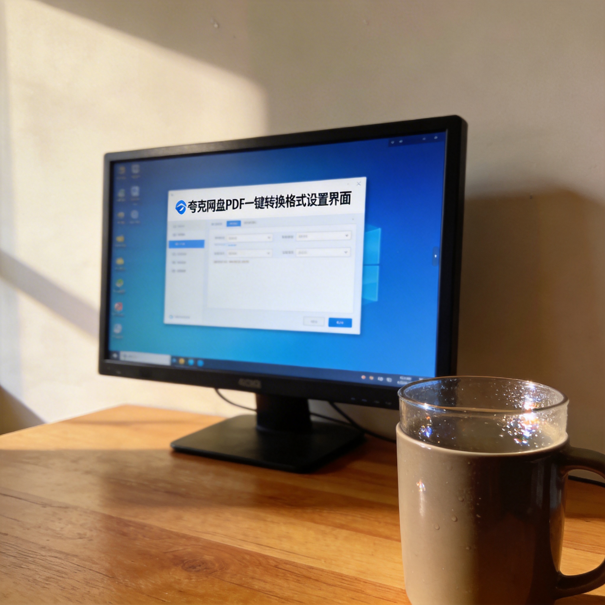 书桌上的主机，屏幕显示夸克网盘 PDF 一键转换格式设置界面，桌角放着水杯，自然光