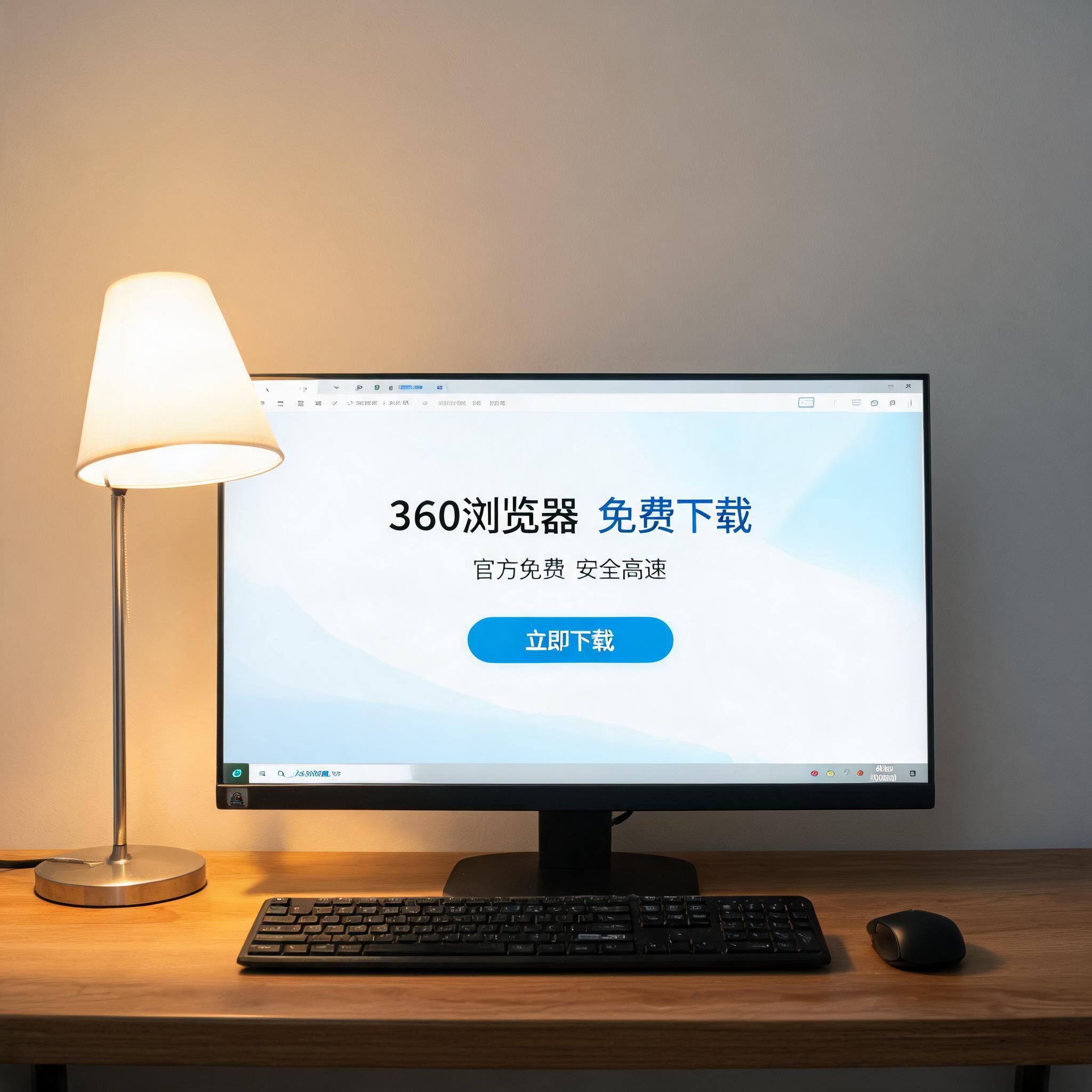 电脑桌上的电脑，屏幕显示360 浏览器免费下载菜单，旁边放着台灯