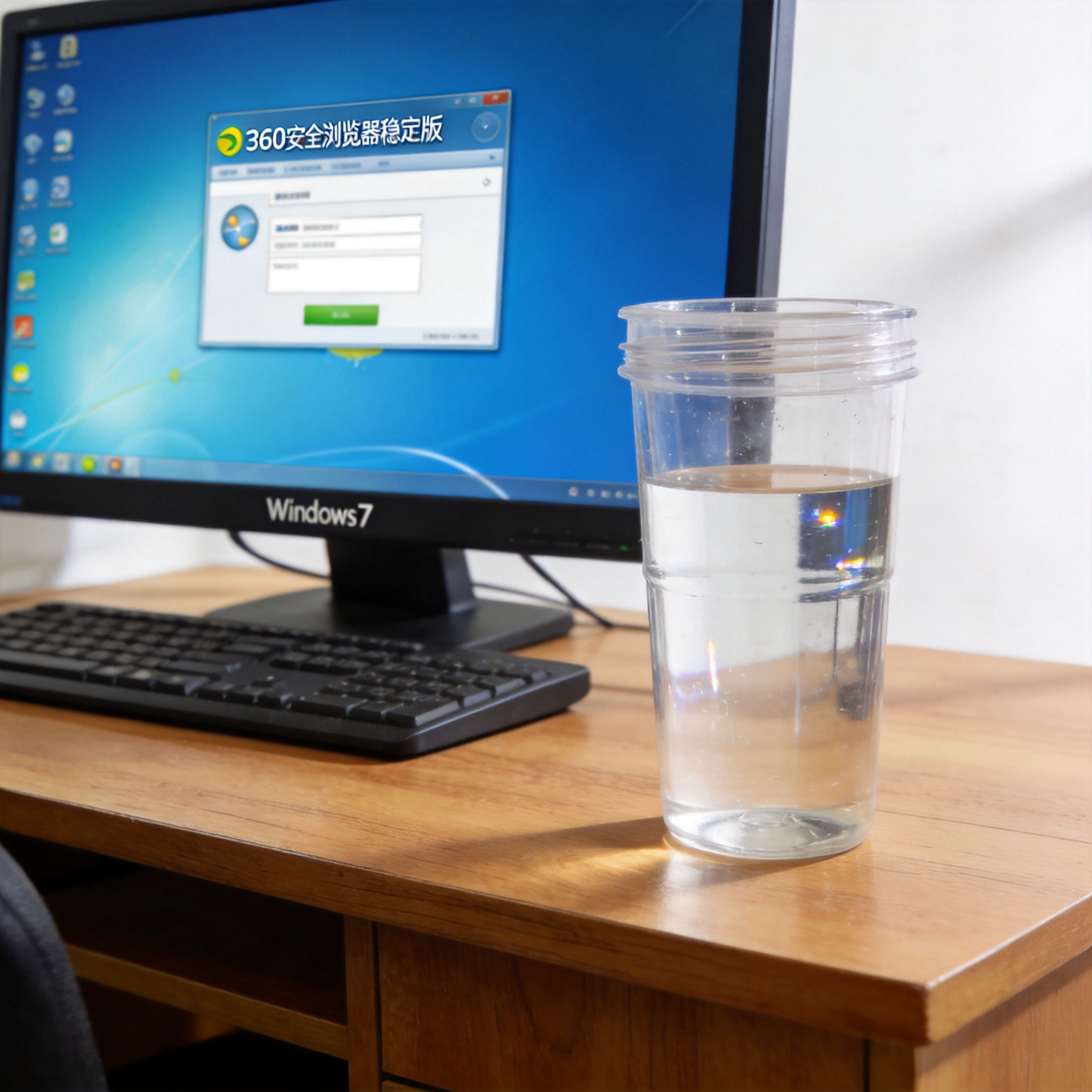 电脑桌的Windows7系统电脑，屏幕显示360安全浏览器稳定版界面，桌面放着塑料水杯，室内自然光