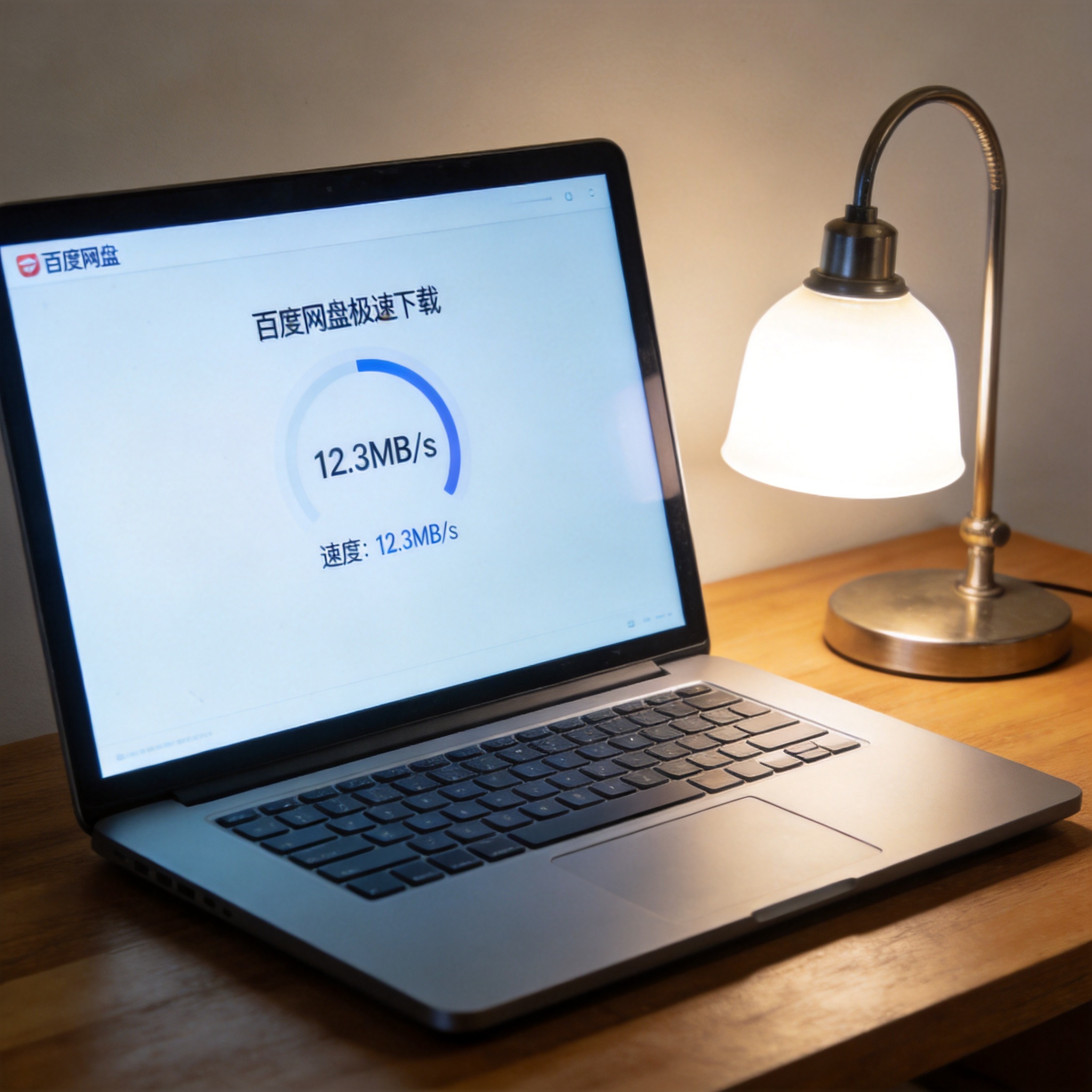 电脑桌上的电脑，屏幕显示百度网盘极速下载真实速度界面，旁边放着台灯