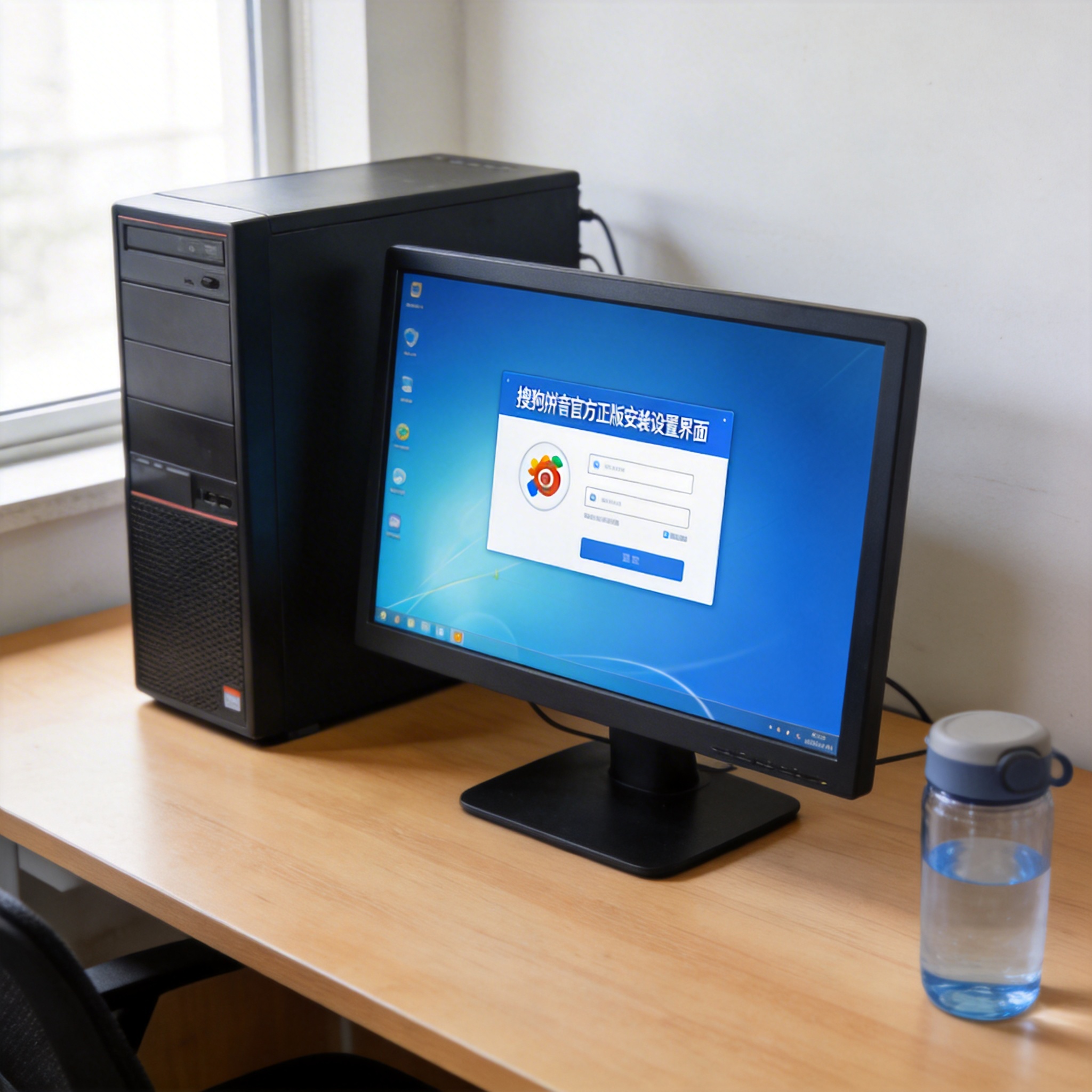 书桌上的主机，屏幕显示搜狗拼音官方正版安装设置界面，桌角放着水杯，自然光