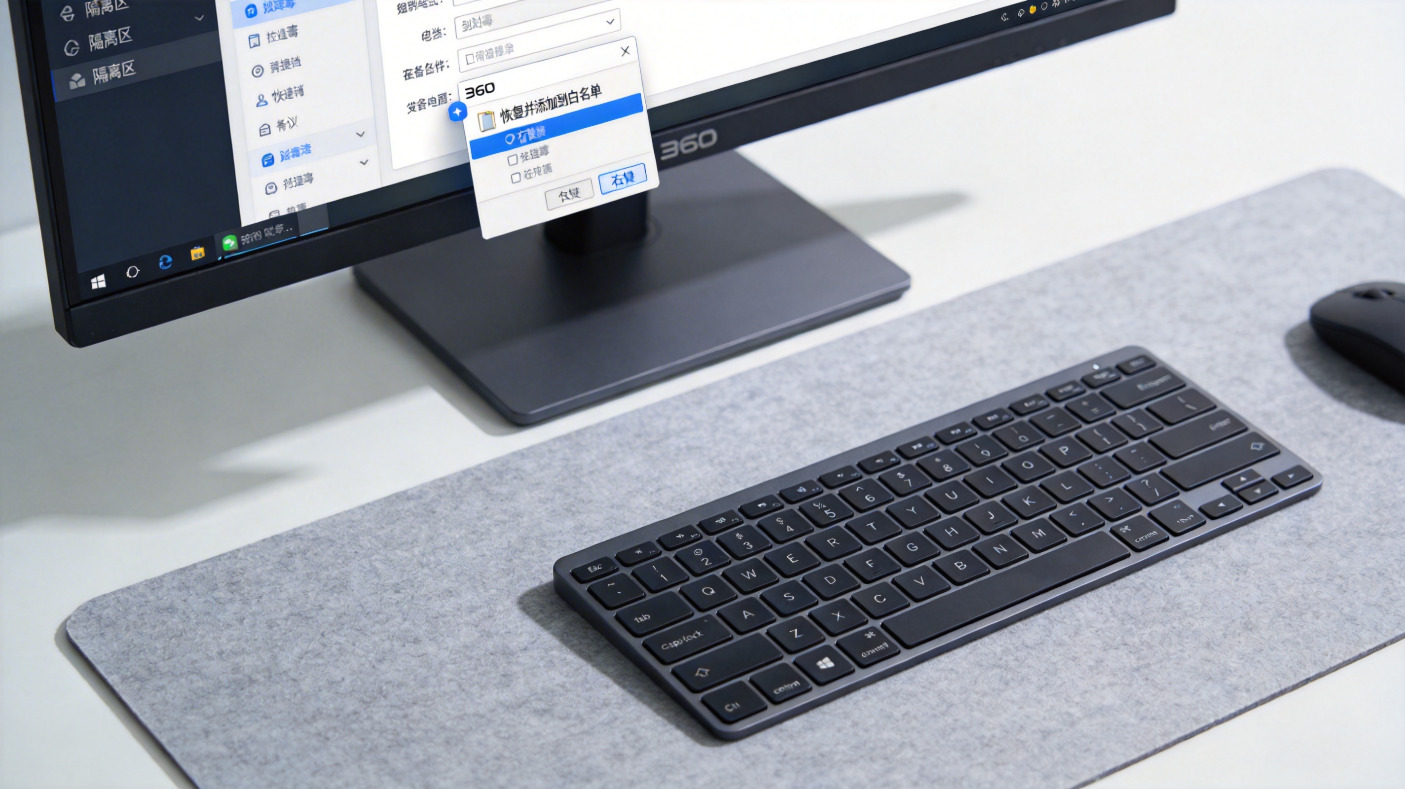 电脑屏幕显示360杀毒软件隔离区界面，其中一个文件旁的右键菜单展开，显示恢复并添加到白名单选项，桌面铺着浅灰色桌垫，屏幕光照明