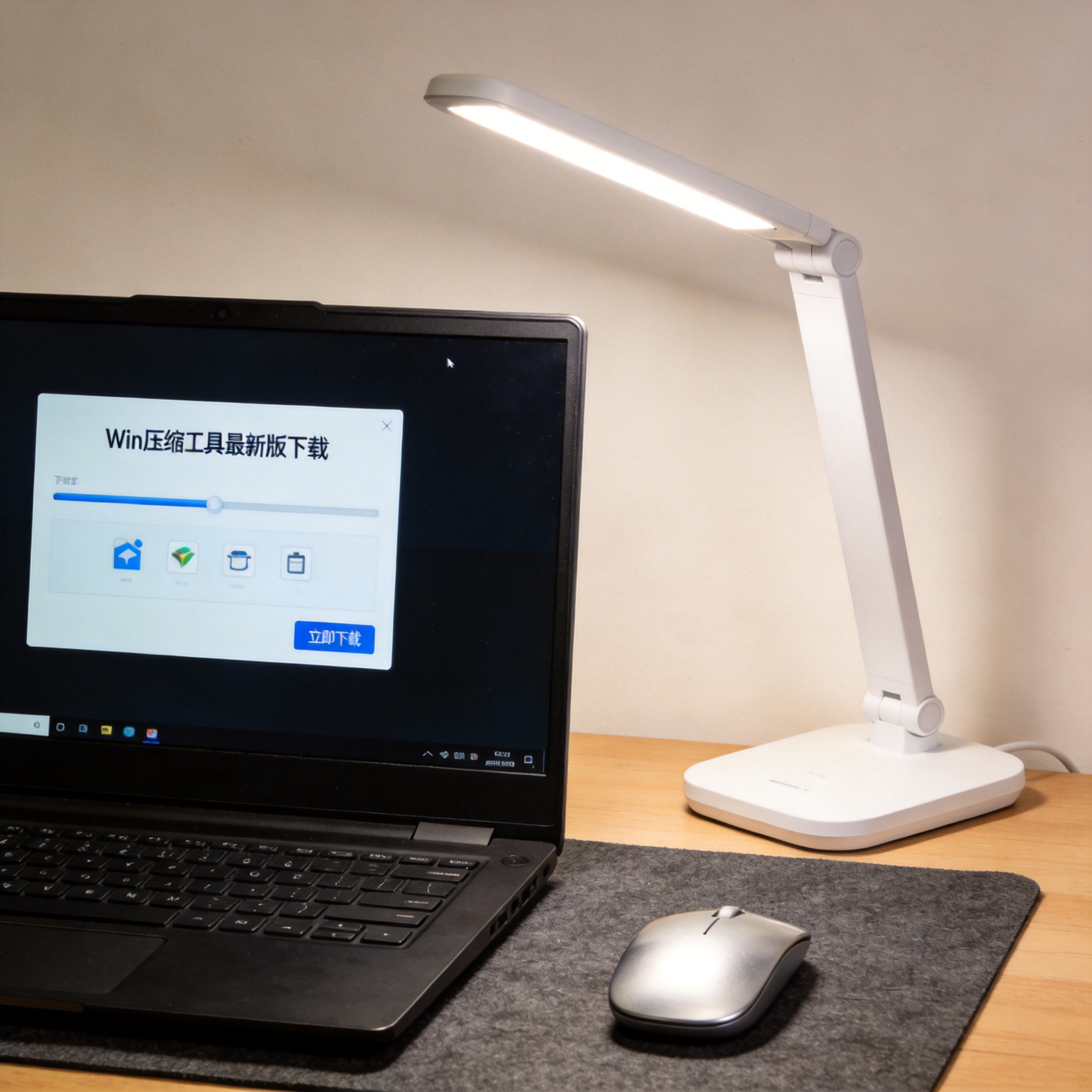 电脑桌上的电脑，屏幕显示win 压缩工具最新版下载界面，旁边放着台灯