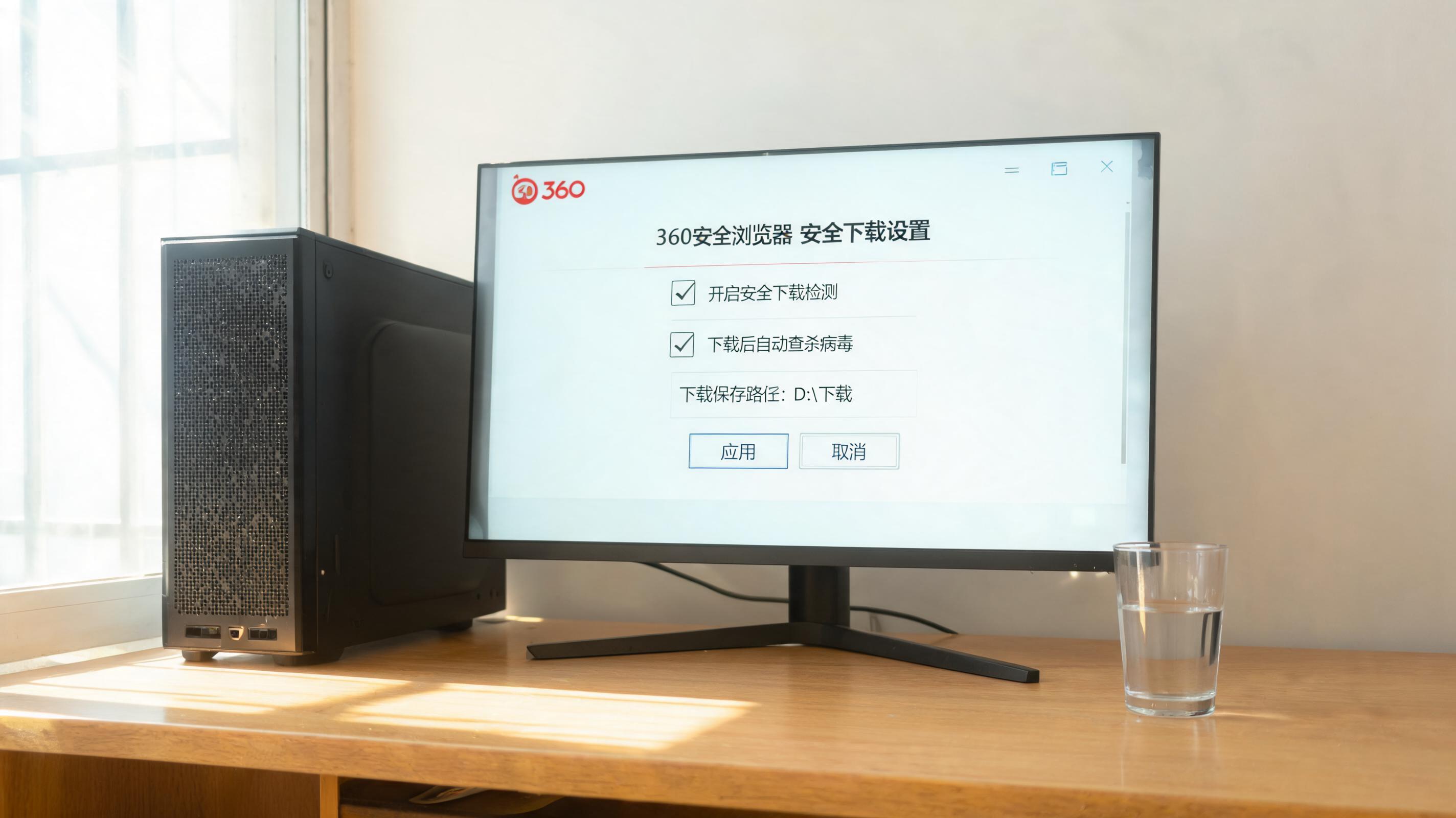 书桌上的主机，屏幕显示360 安全浏览器安全下载设置界面，桌角放着水杯，自然光