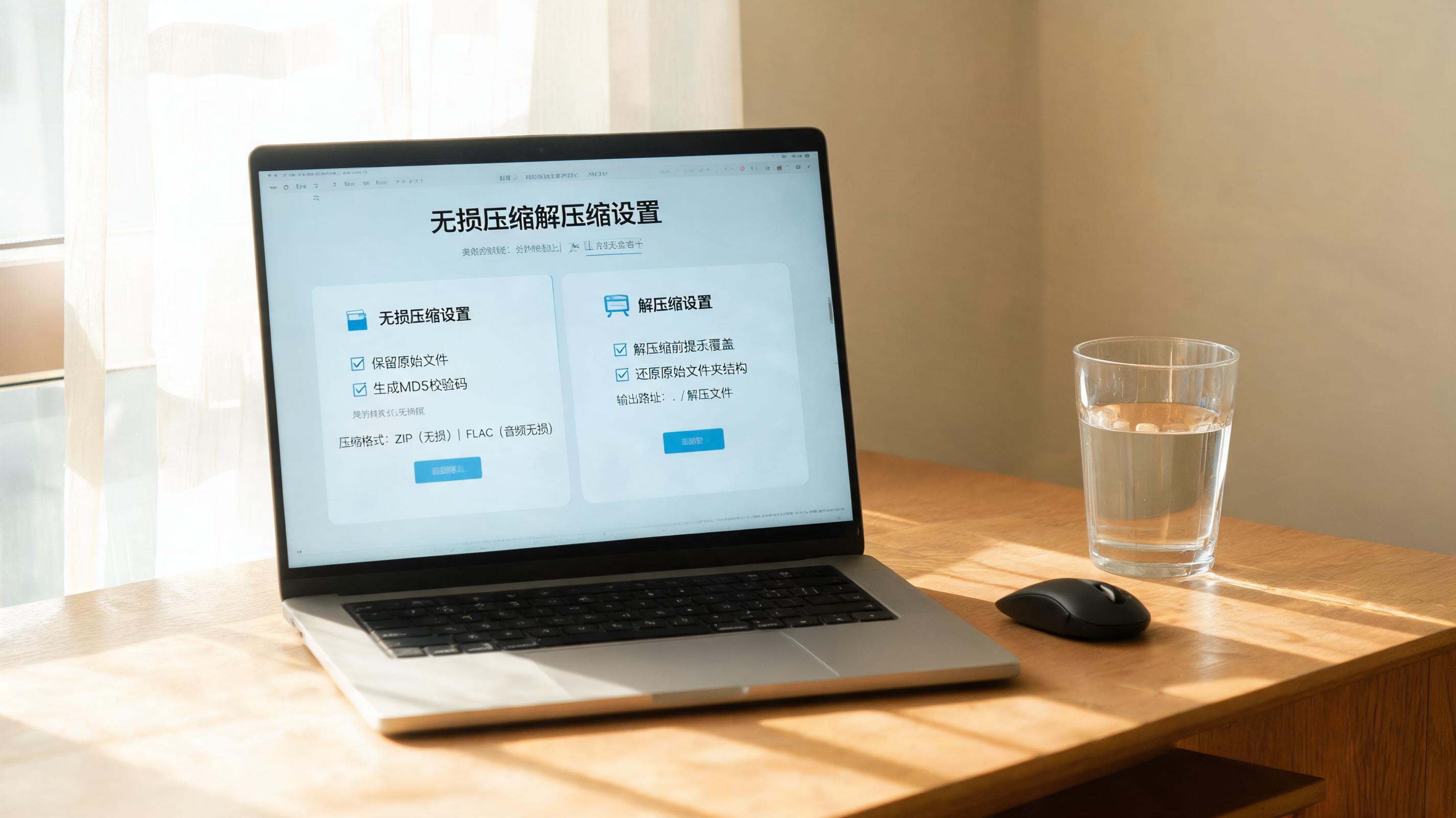 书桌上的电脑，屏幕显示无损文件压缩解压缩设置界面，桌角放着水杯，自然光