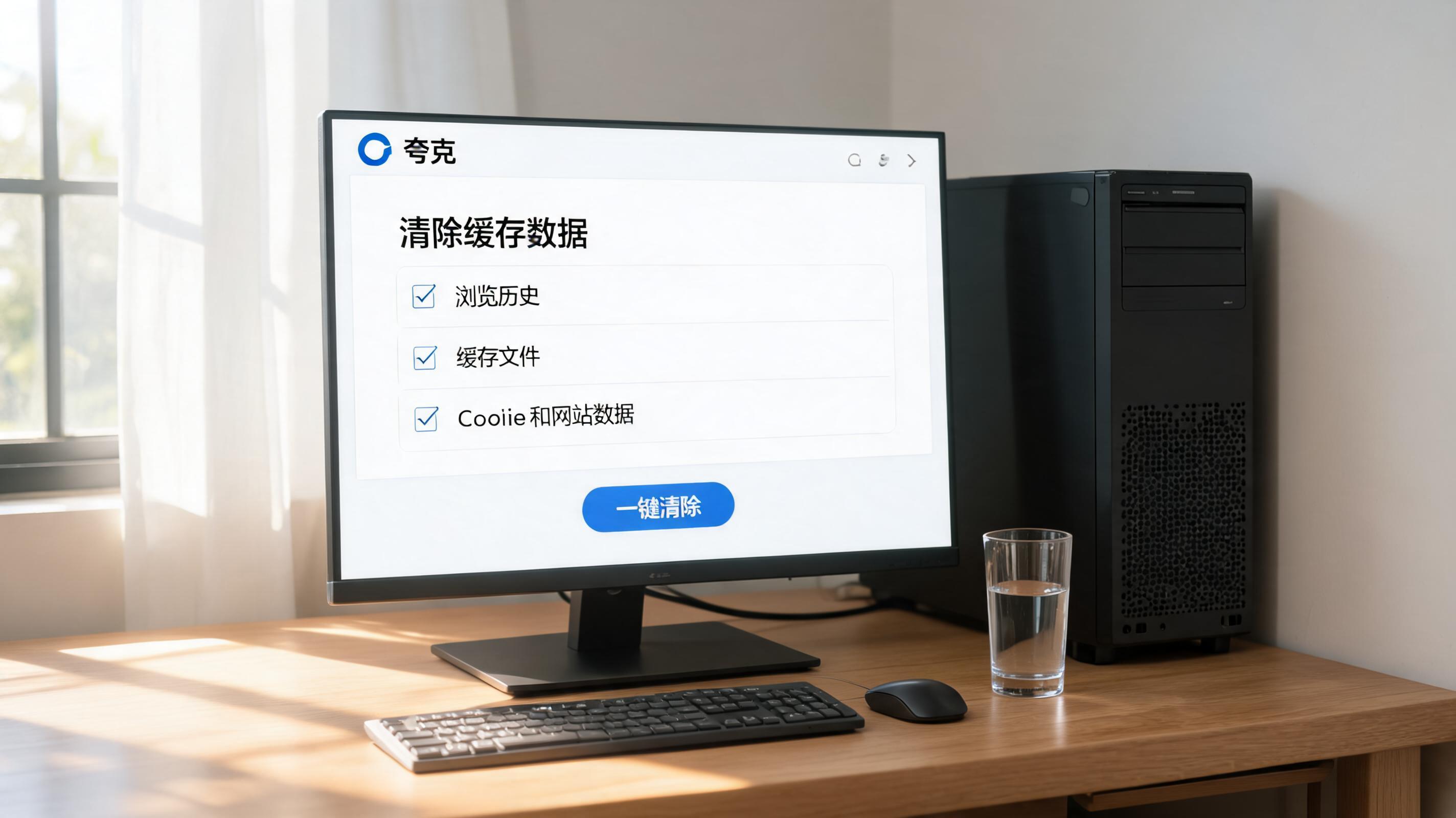 书桌上的主机，屏幕显示夸克浏览器怎么清除缓存数据设置界面，桌角放着水杯，自然光