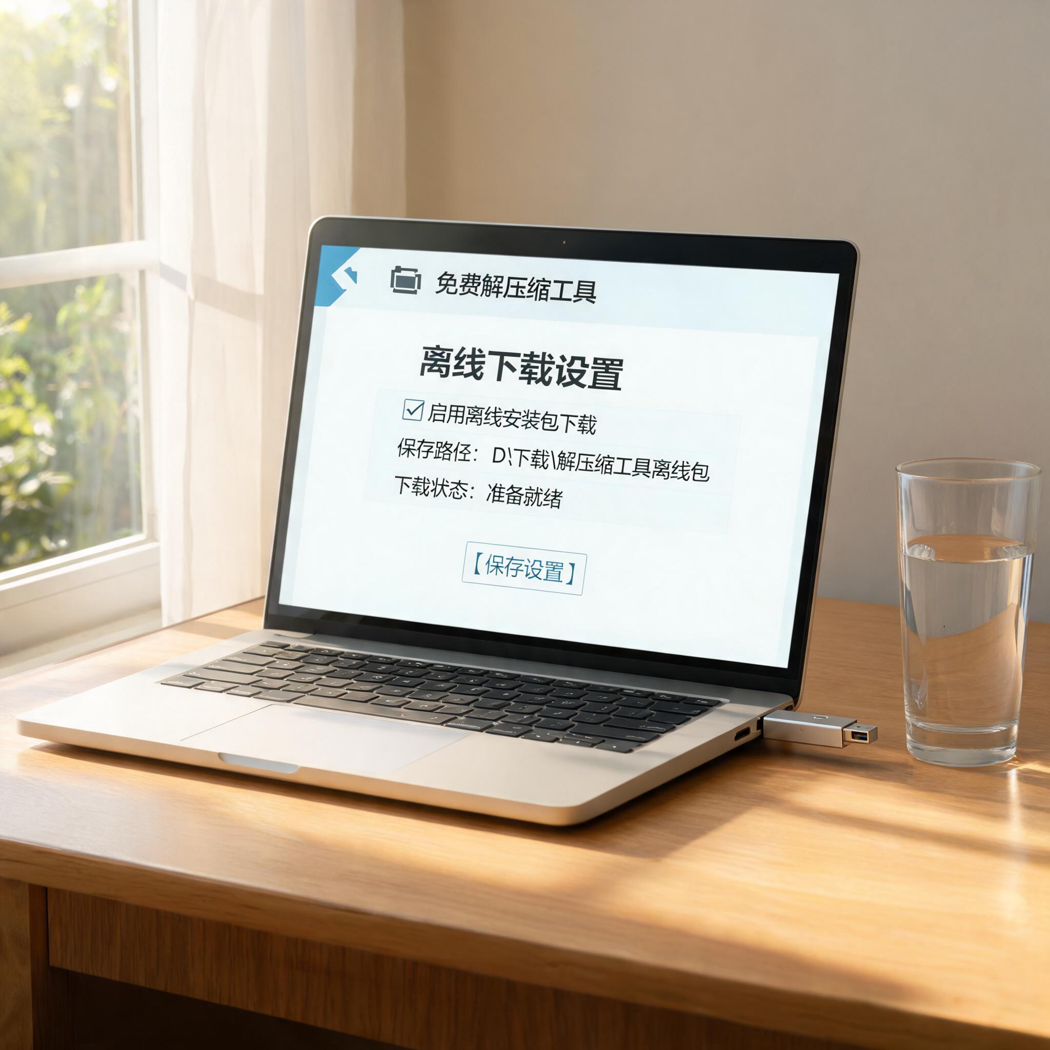 书桌上的U盘，屏幕显示免费解压缩工具离线下载设置界面，桌角放着水杯，自然光