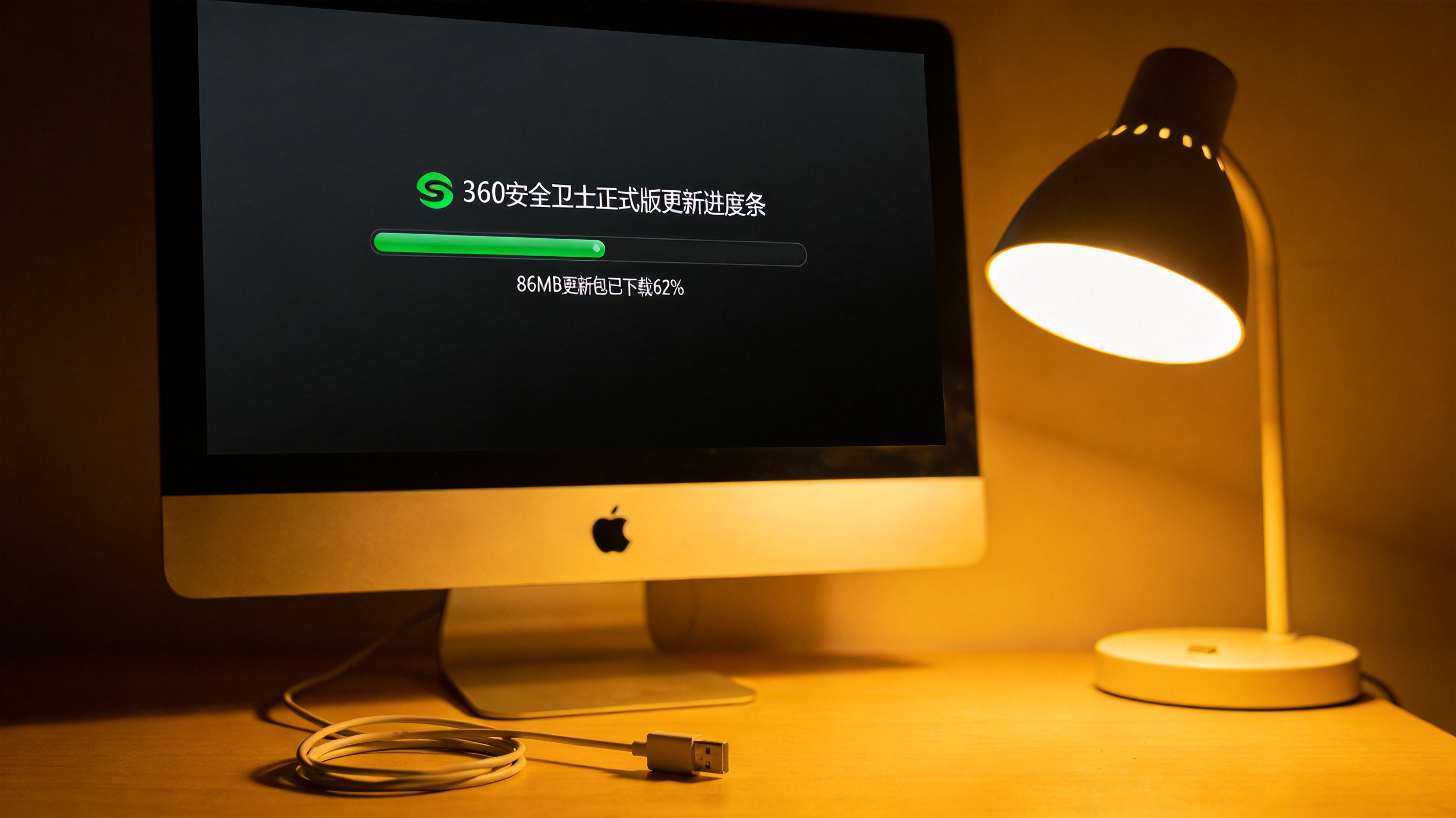 电脑屏幕显示360安全卫士正式版更新进度条，标注86MB更新包已下载62%，旁边桌面散落着一根充电线，台灯暖光