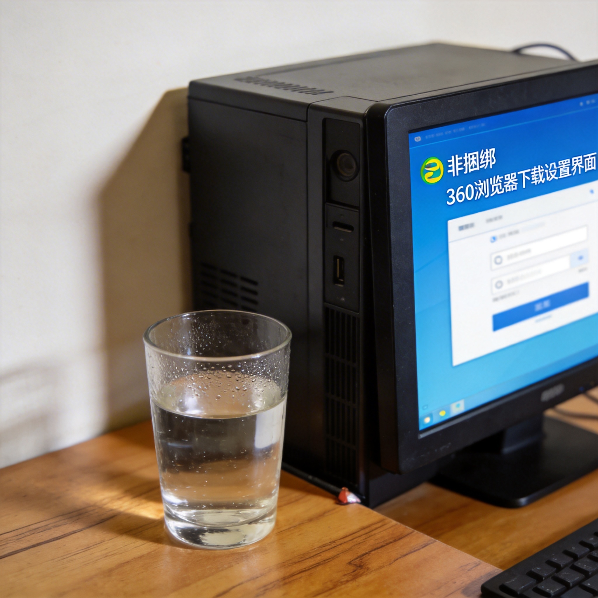 书桌上的主机，屏幕显示非捆绑 360 浏览器下载设置界面，桌角放着水杯，自然光
