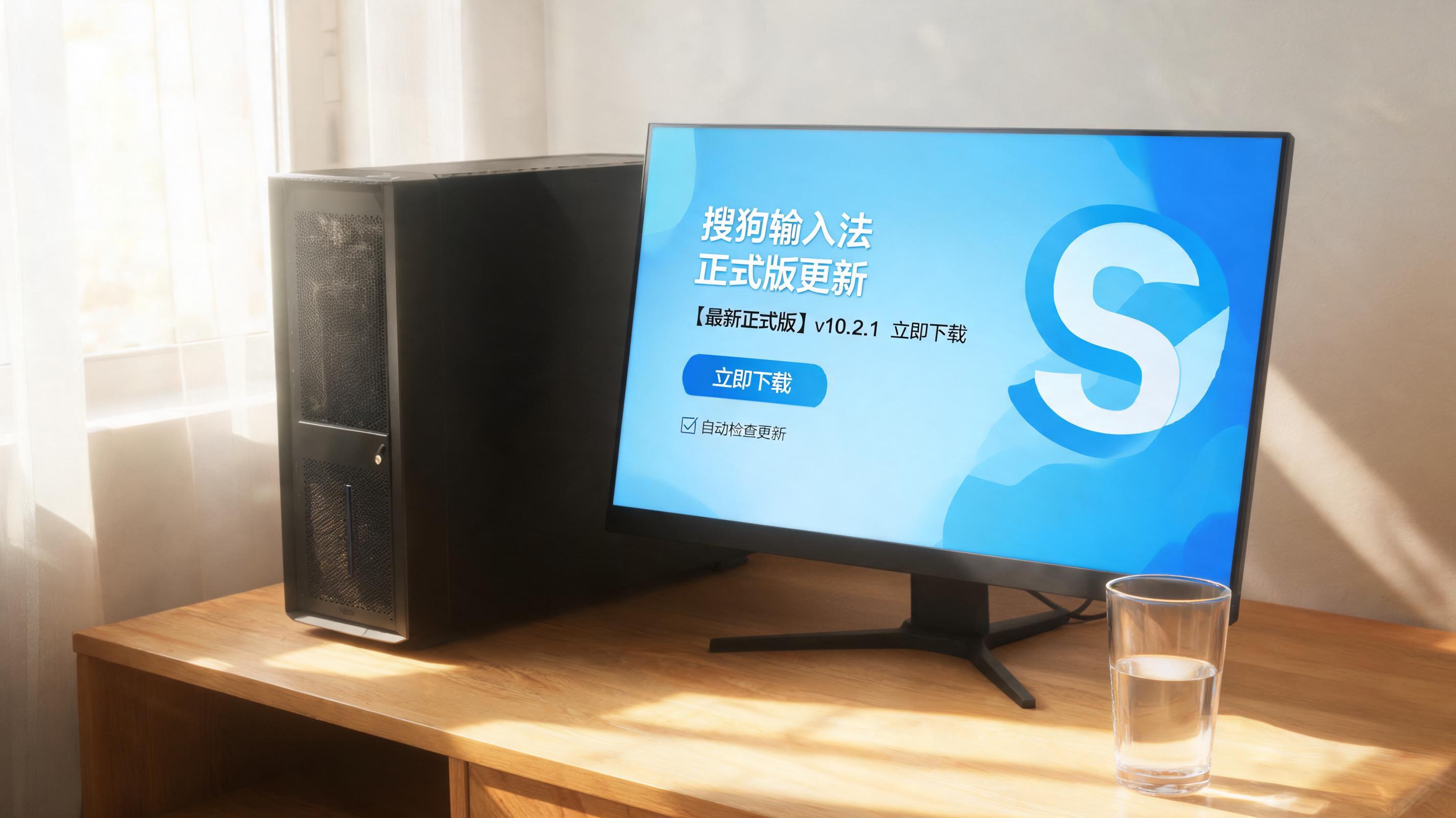 书桌上的主机，屏幕显示搜狗输入法正式版更新下载设置界面，桌角放着水杯，自然光
