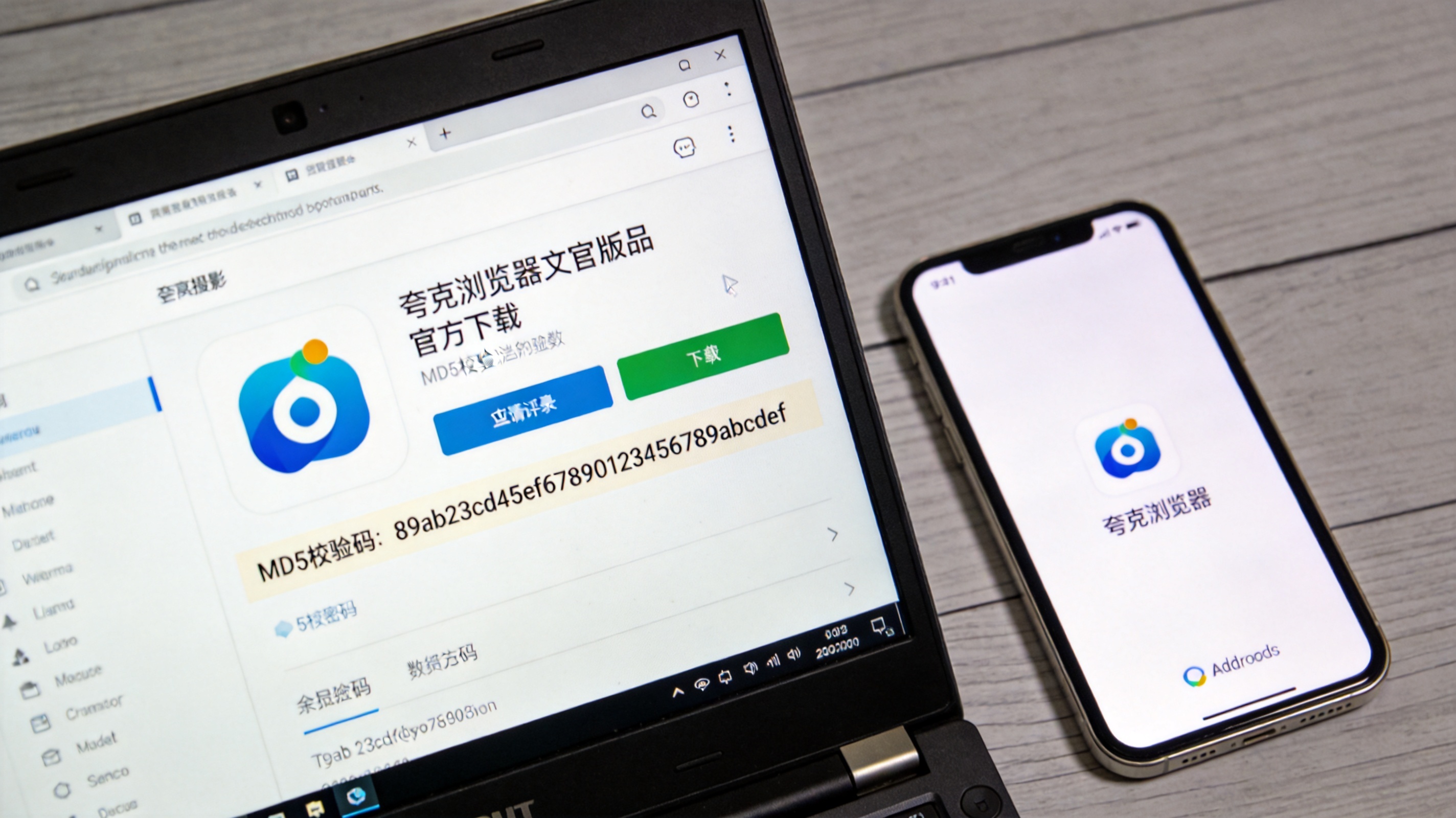 电脑桌面显示夸克浏览器安卓版官方下载页面，页面上标注着MD5校验码，旁边放着安卓手机，室内自然光