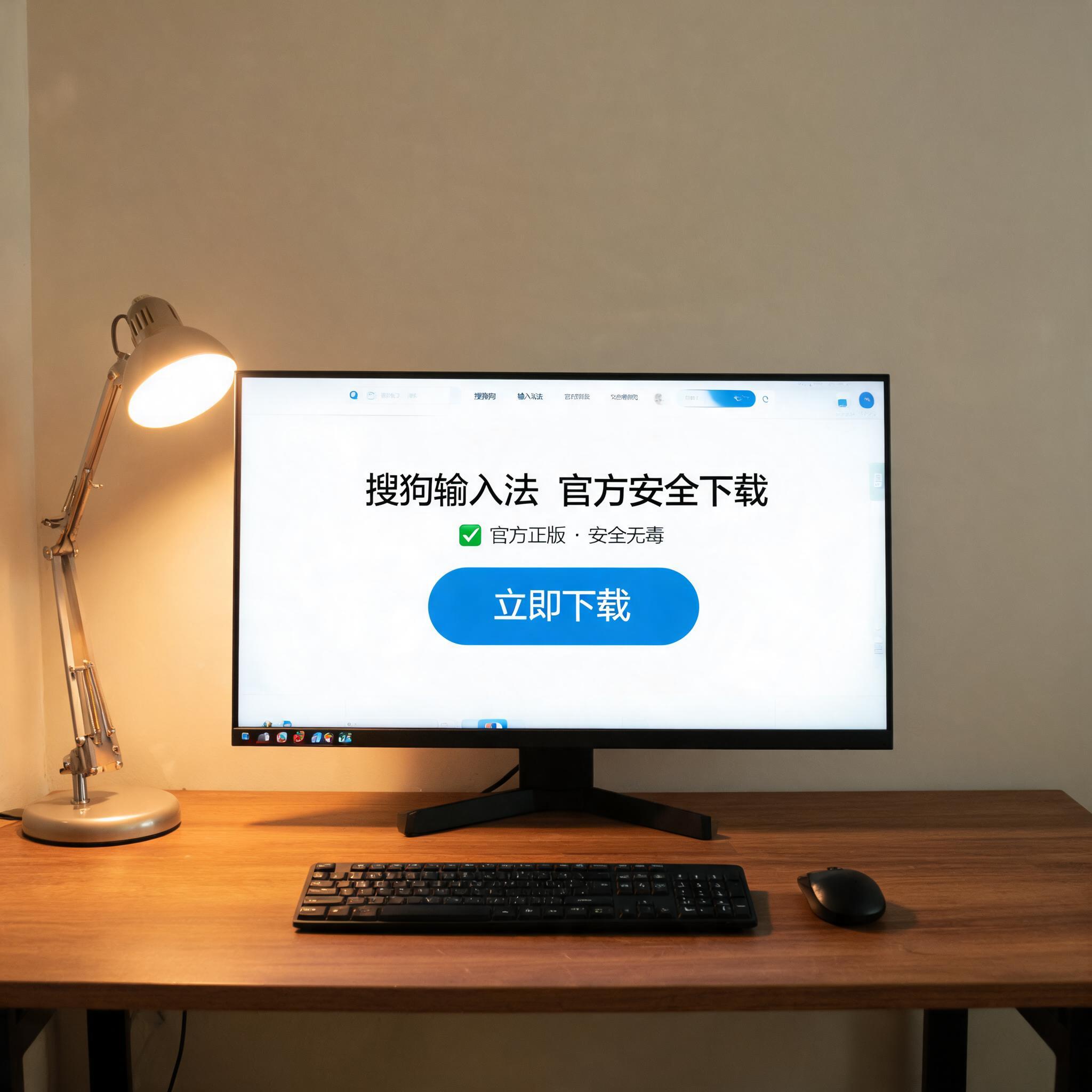 电脑桌上的电脑，屏幕显示搜狗输入法安全官方下载界面，旁边放着台灯