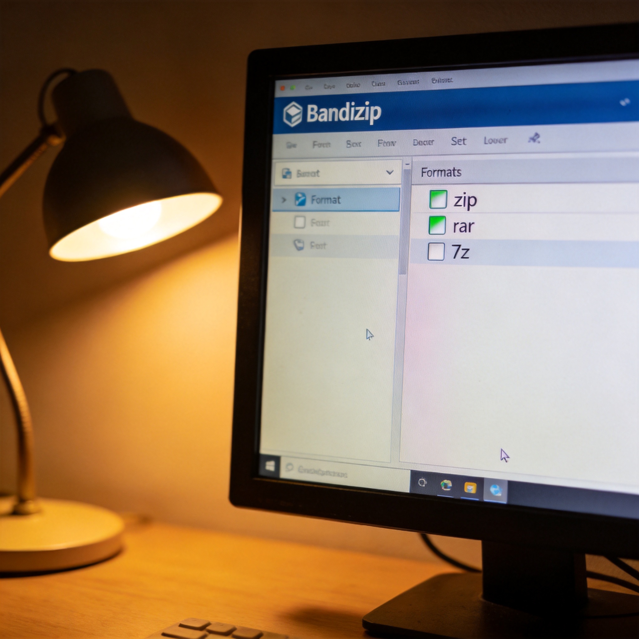 桌面的电脑屏幕显示Bandizip软件的格式关联设置界面，勾选了zip、rar、7z选项，台灯暖光