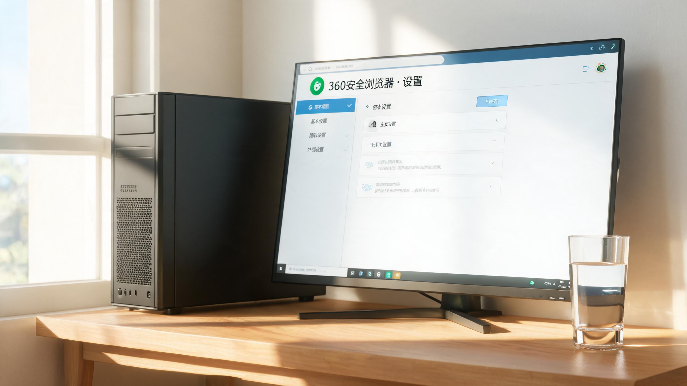 书桌上的主机，屏幕显示360浏览器设置界面，桌角放着水杯，自然光