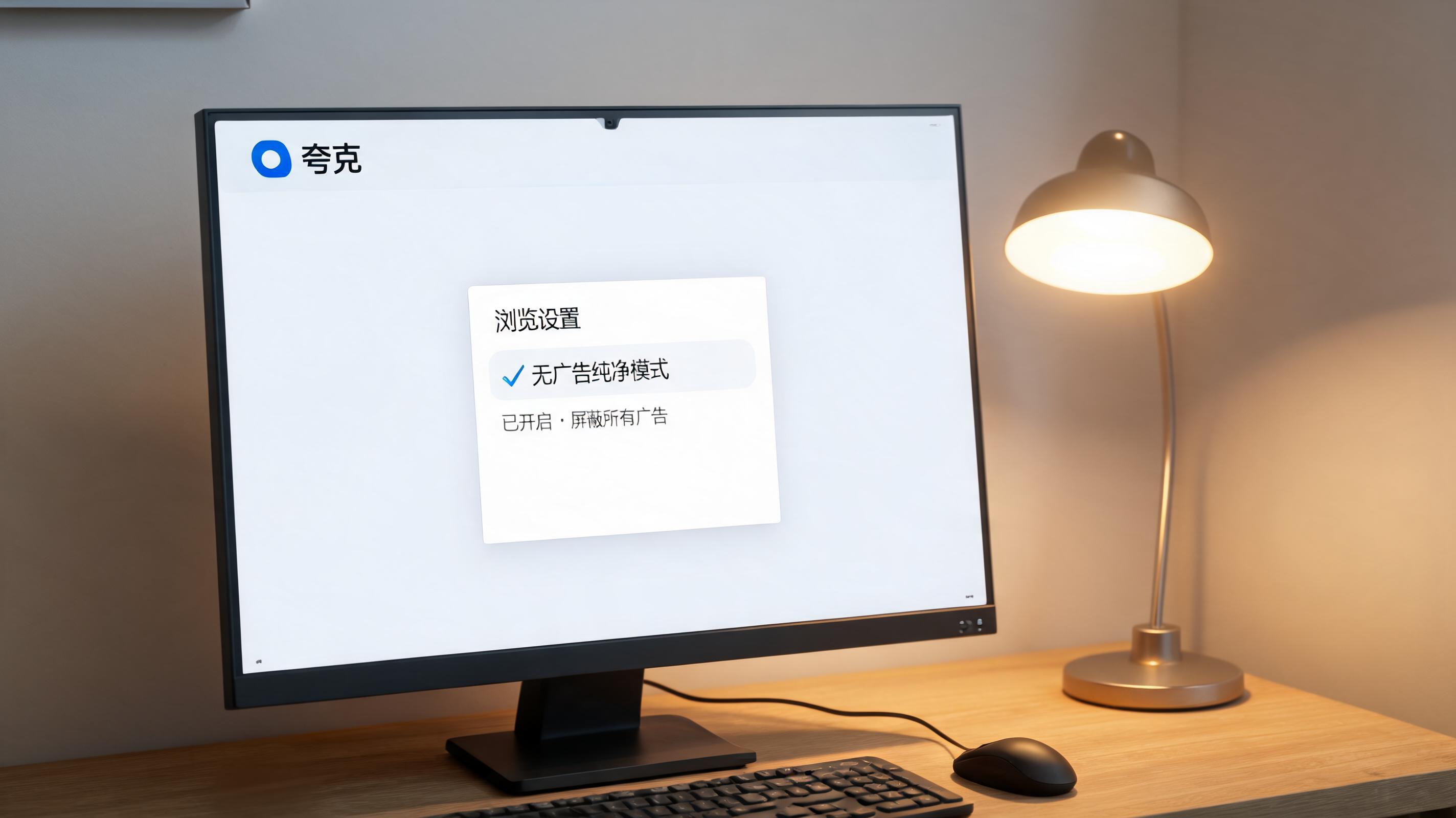 电脑桌上的电脑，屏幕显示夸克浏览器无广告纯净模式菜单，旁边放着台灯