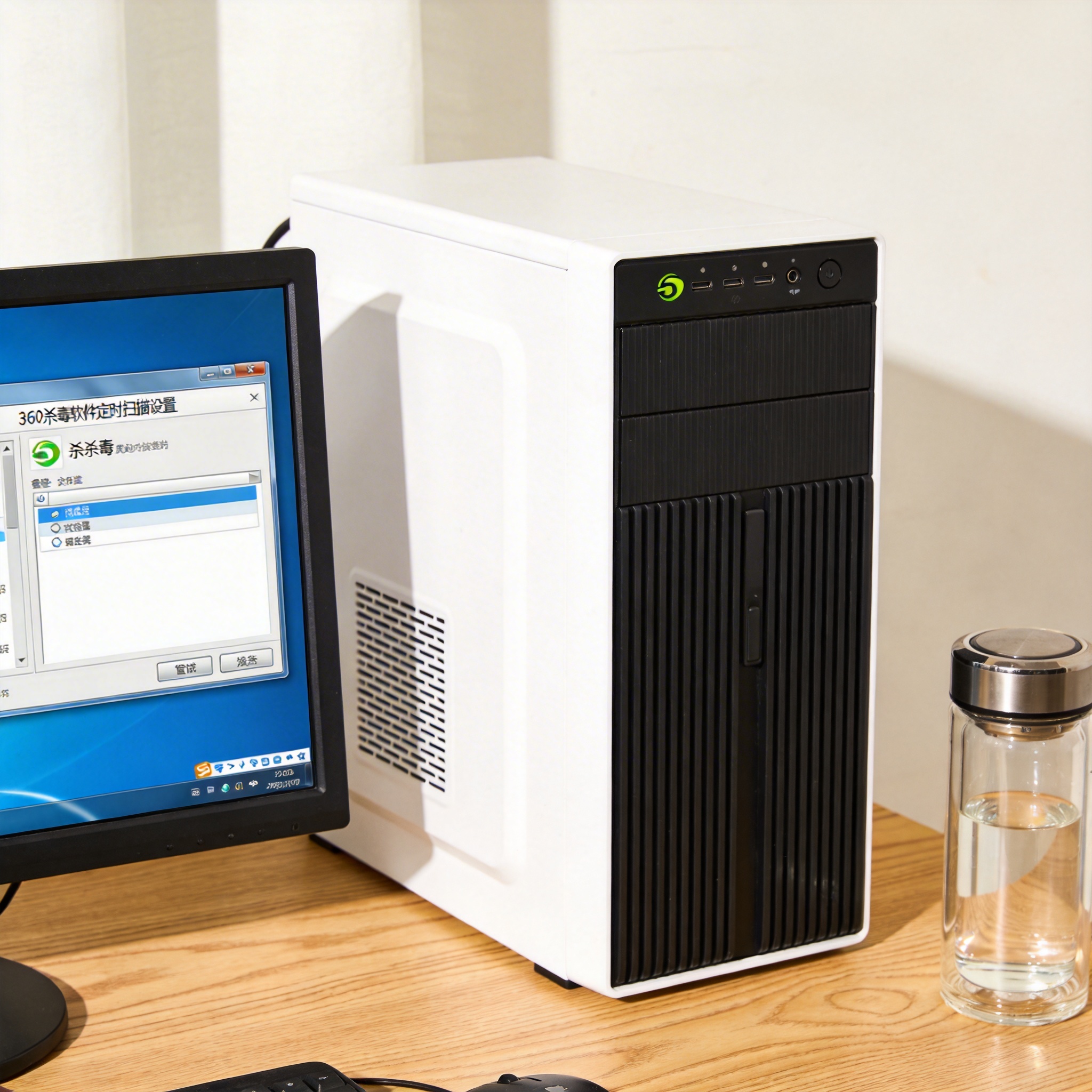 书桌上的主机，屏幕显示360 杀毒软件定时扫描设置设置界面，桌角放着水杯，自然光