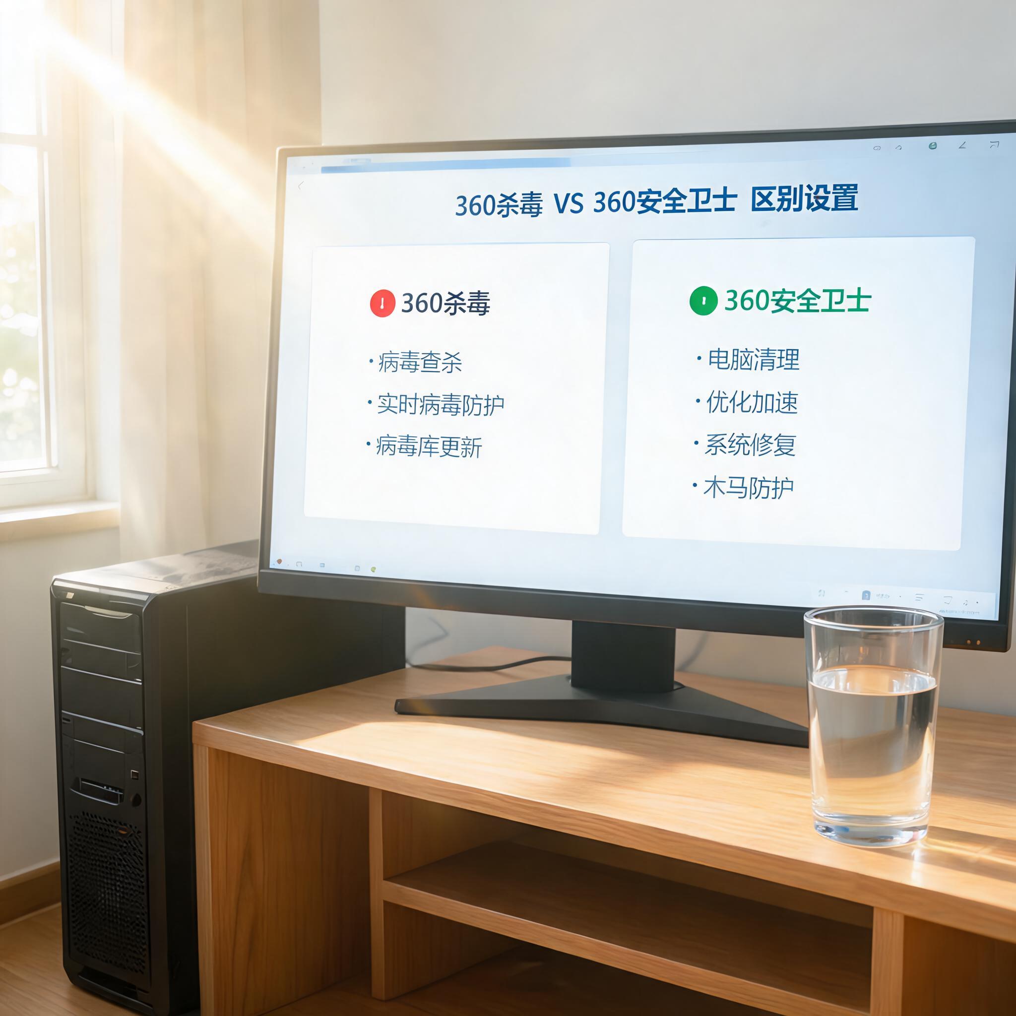 书桌上的主机，屏幕显示360 杀毒和 360 安全卫士区别设置界面，桌角放着水杯，自然光