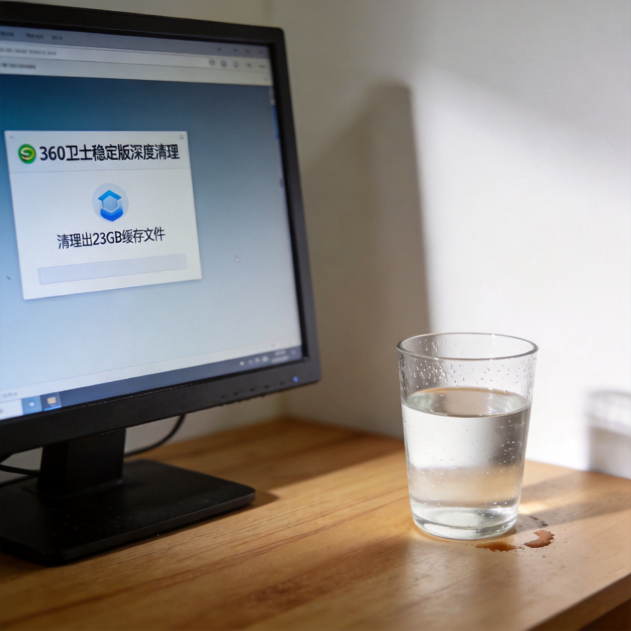 电脑桌的电脑屏幕显示360卫士稳定版深度清理界面，显示清理出23GB缓存文件，桌面放着半杯白开水，室内自然光