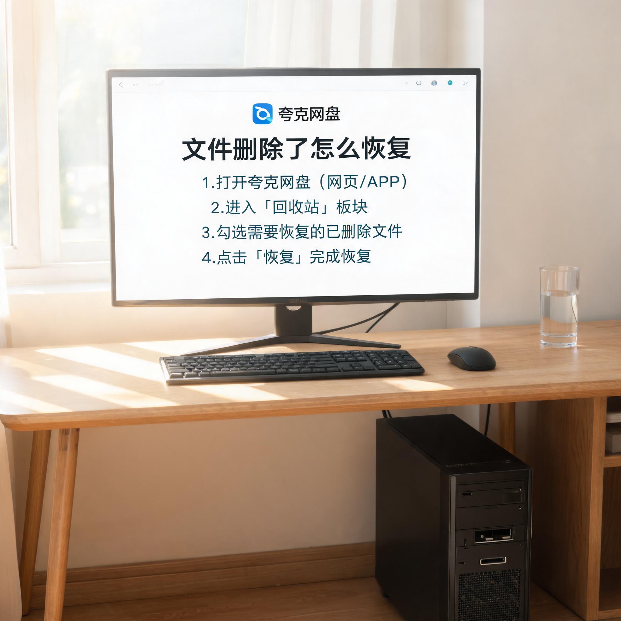 书桌上的主机，屏幕显示夸克网盘文件删除了怎么恢复设置界面，桌角放着水杯，自然光