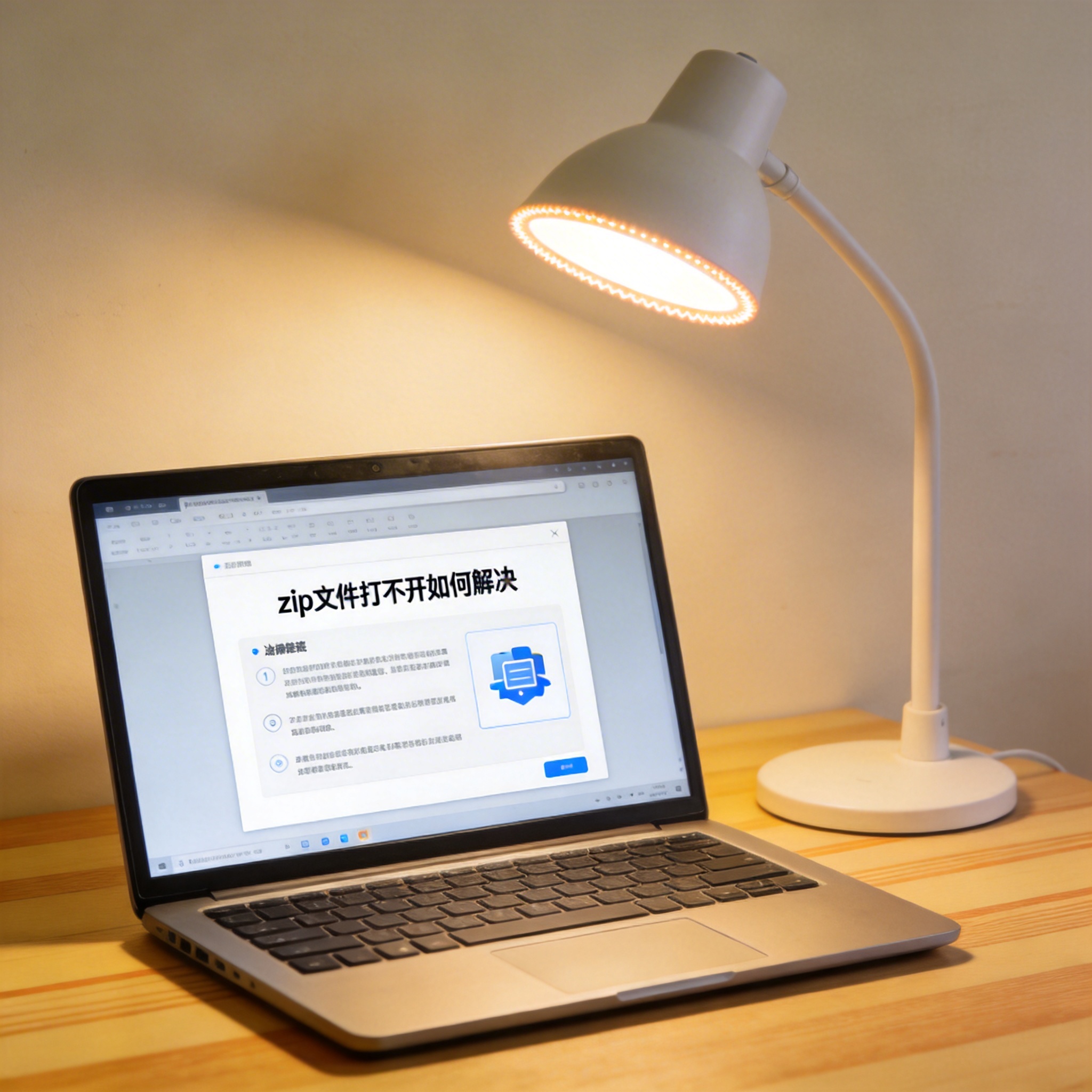 电脑桌上的电脑，屏幕显示zip 文件打不开如何解决界面，旁边放着台灯
