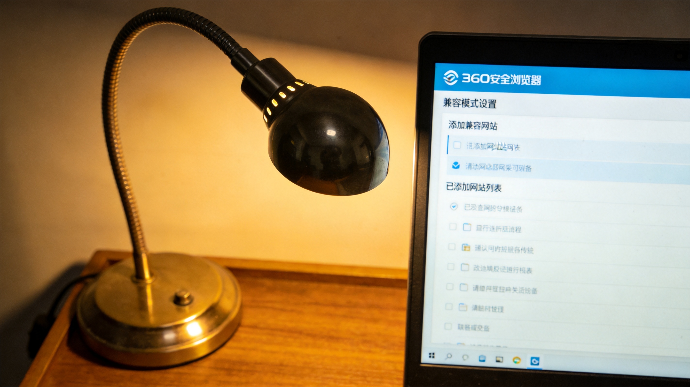 电脑屏幕显示360安全浏览器的设置页面，打开到“兼容模式设置”板块，桌面边缘有台金属台灯，台灯暖光