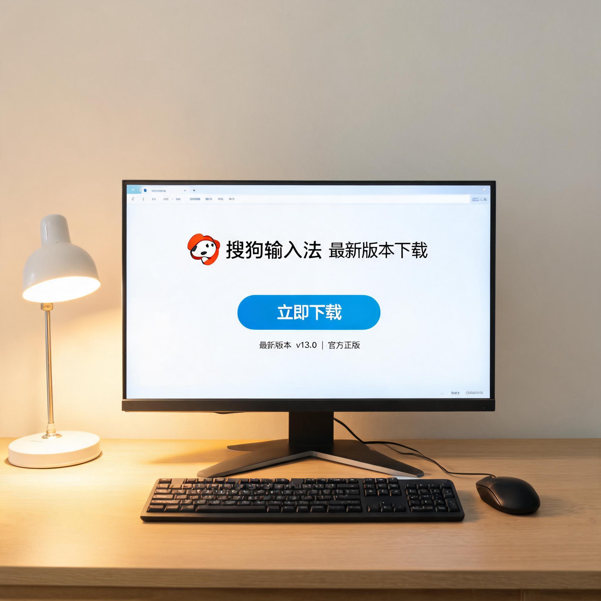 电脑桌上的电脑，屏幕显示搜狗输入法最新版本下载界面，旁边放着台灯