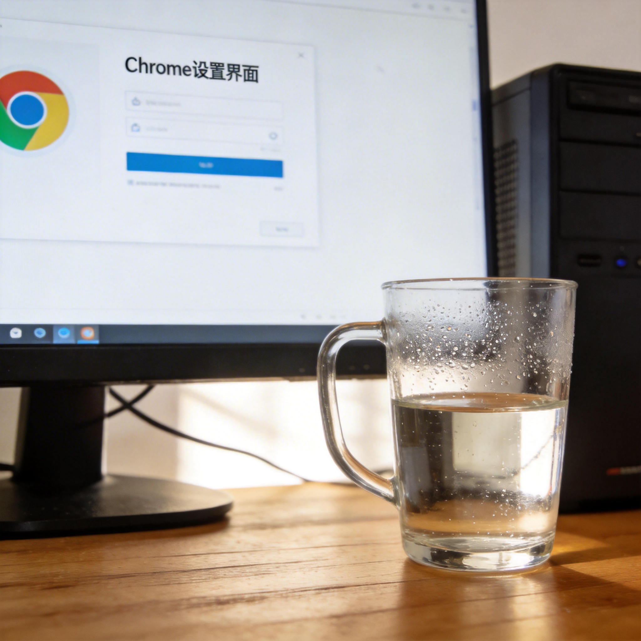 书桌上的主机，屏幕显示Chrome设置界面，桌角放着水杯，自然光