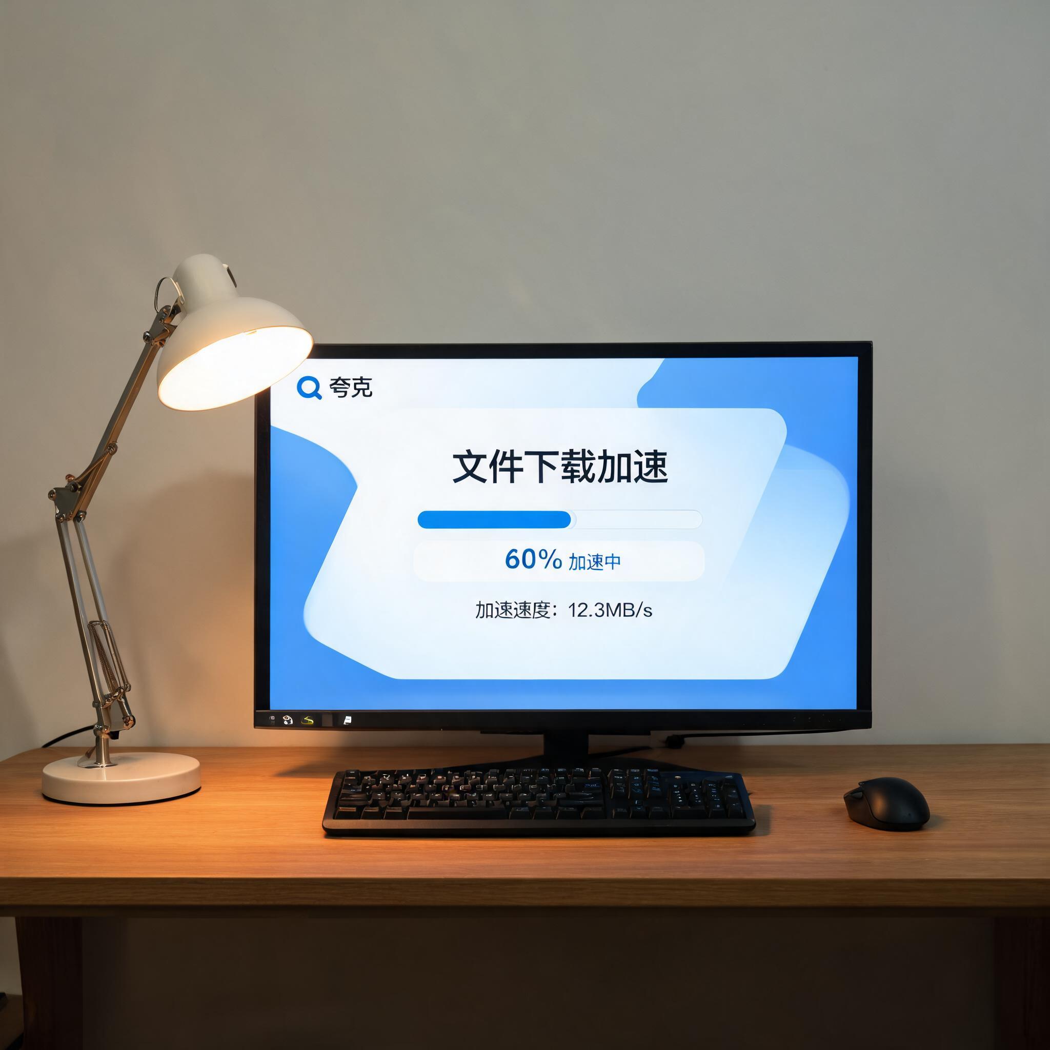 电脑桌上的电脑，屏幕显示夸克浏览器文件下载加速界面，旁边放着台灯