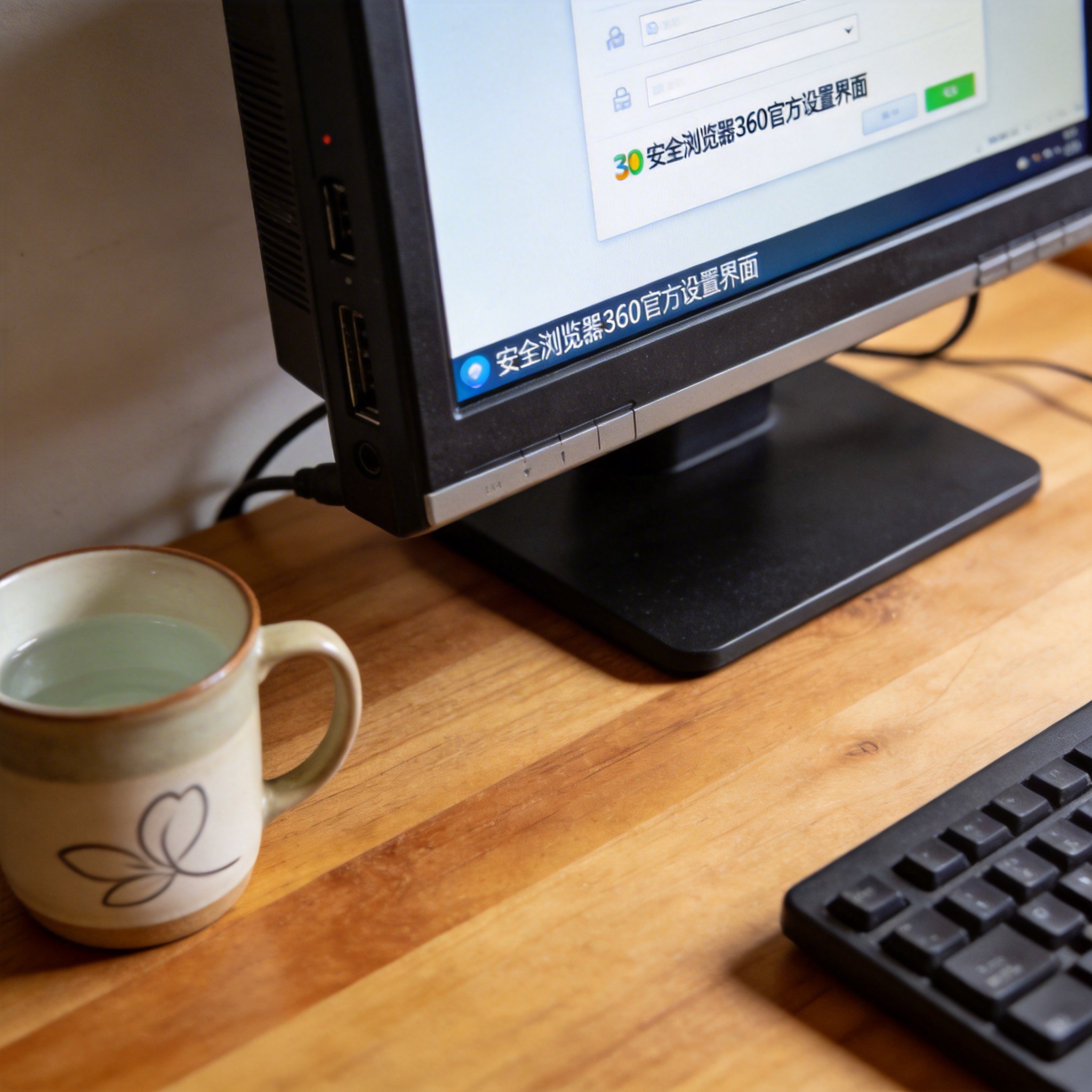 书桌上的主机，屏幕显示安全浏览器 360 官方设置界面，桌角放着水杯，自然光
