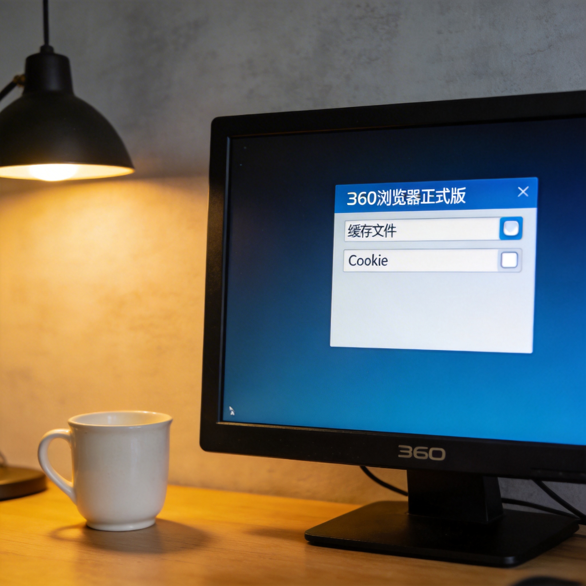 电脑桌前的台式机，屏幕显示360浏览器正式版的清理痕迹设置界面，已勾选缓存文件和Cookie，台灯暖光