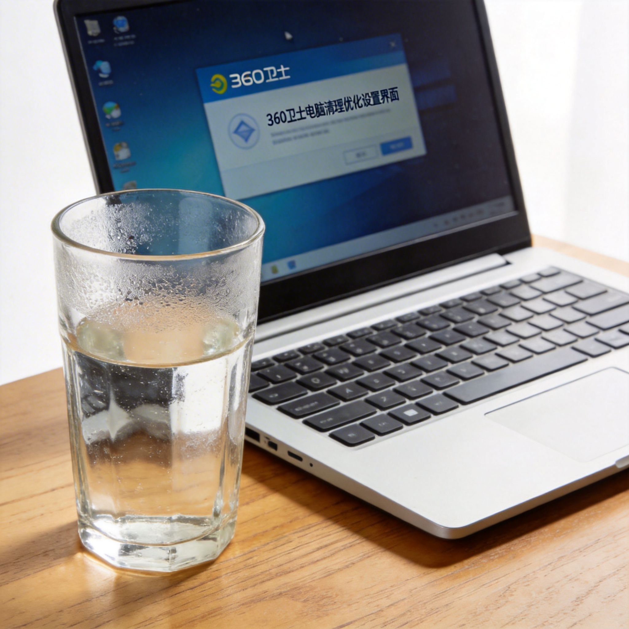 书桌上的笔记本，屏幕显示360 卫士电脑清理优化设置界面，桌角放着水杯，自然光