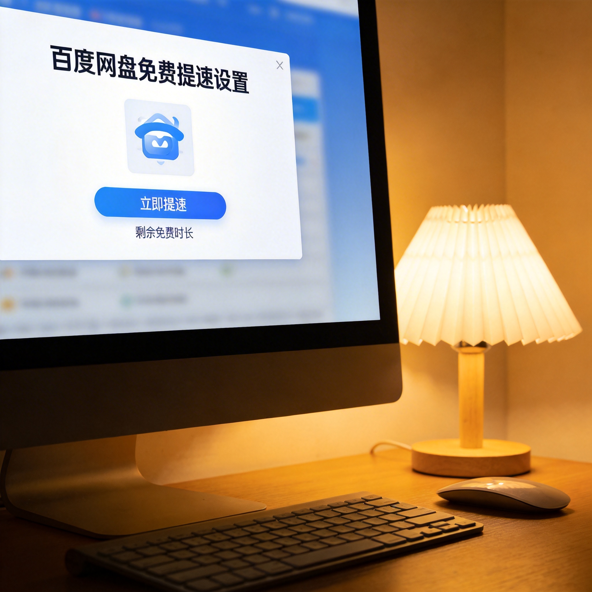 电脑桌上的电脑，屏幕显示百度网盘免费提速设置界面，旁边放着台灯