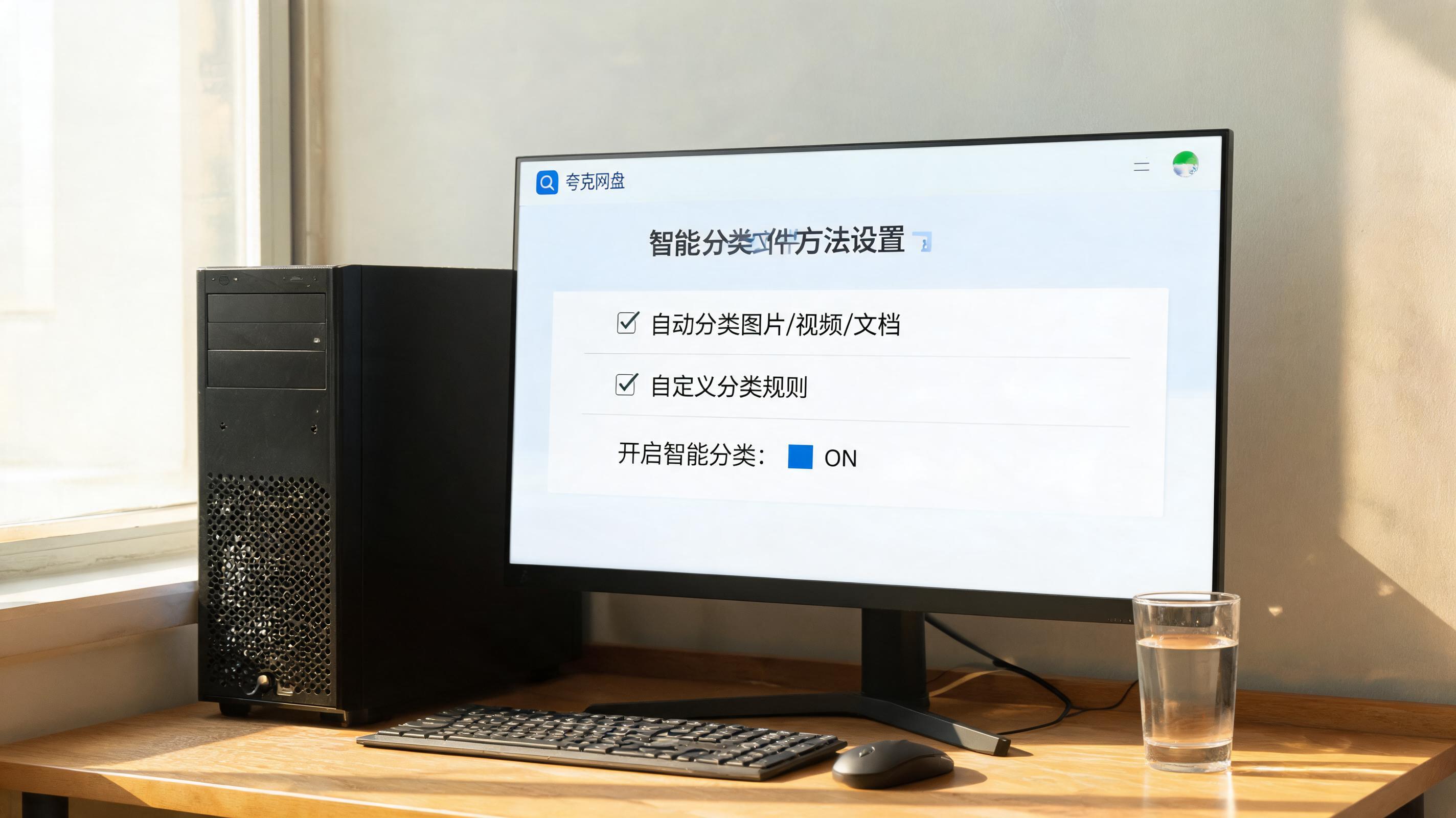 书桌上的主机，屏幕显示夸克网盘智能分类文件方法设置界面，桌角放着水杯，自然光