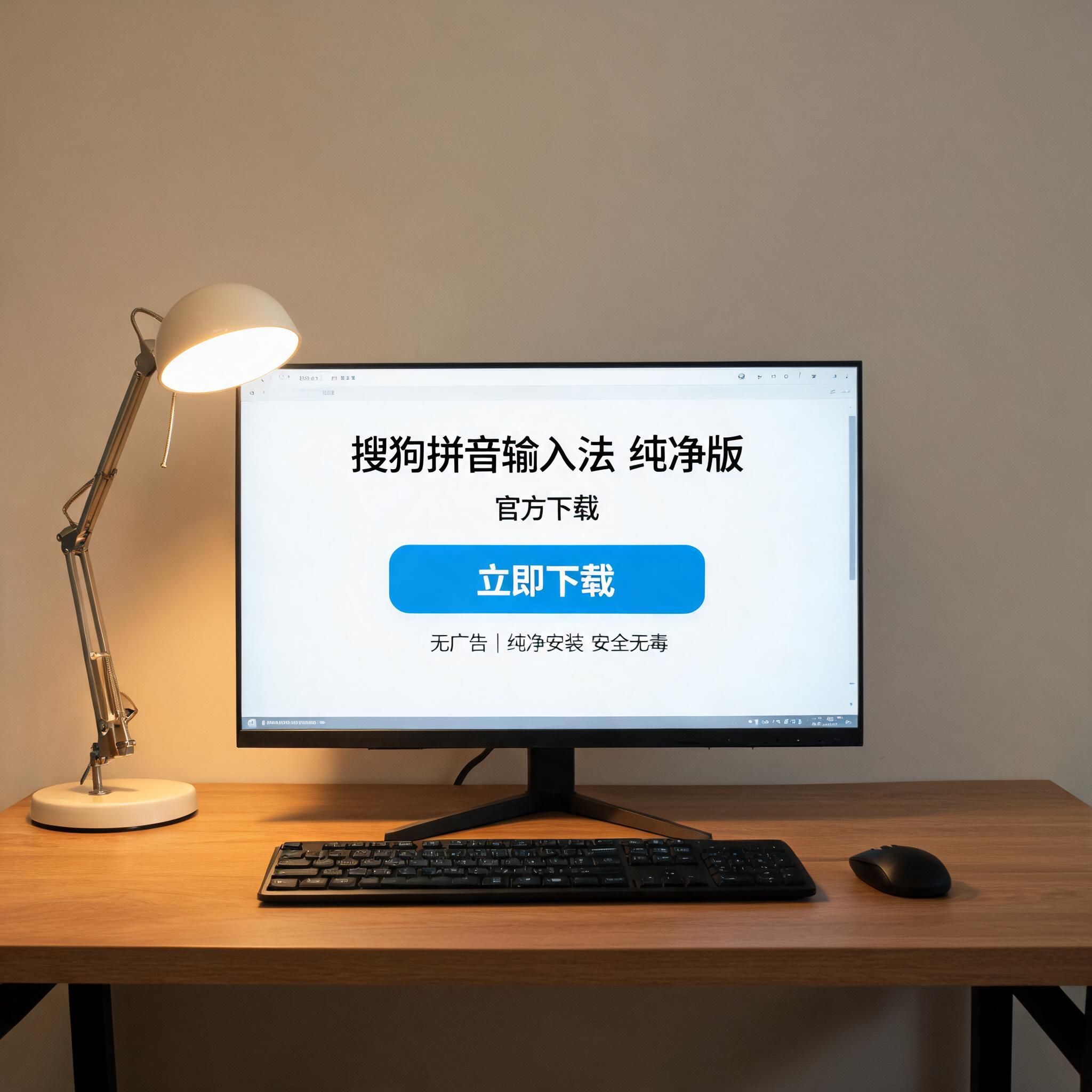 电脑桌上的电脑，屏幕显示搜狗拼音输入法纯净版下载界面，旁边放着台灯