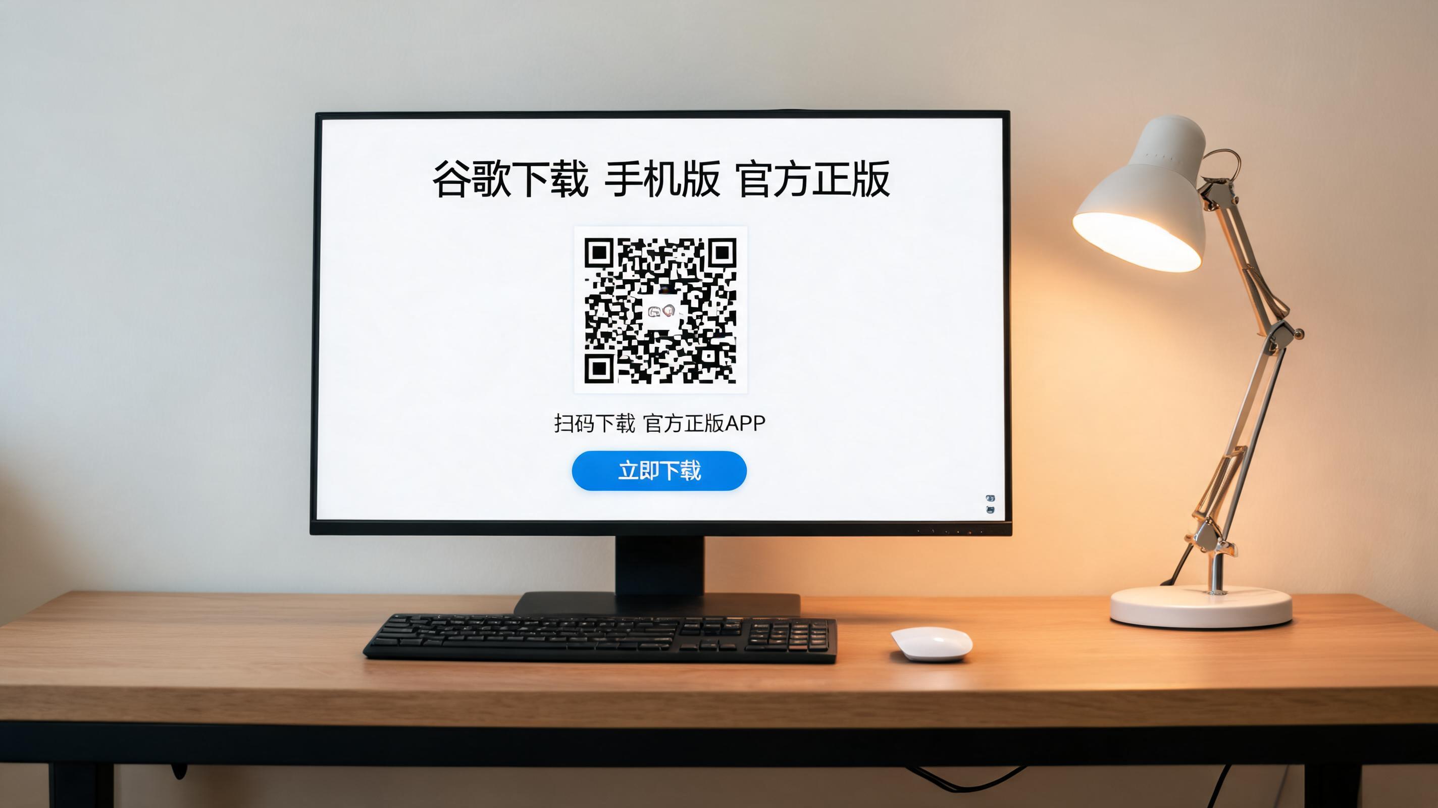 电脑桌上的电脑，屏幕显示guge下载手机版官方正版界面，旁边放着台灯