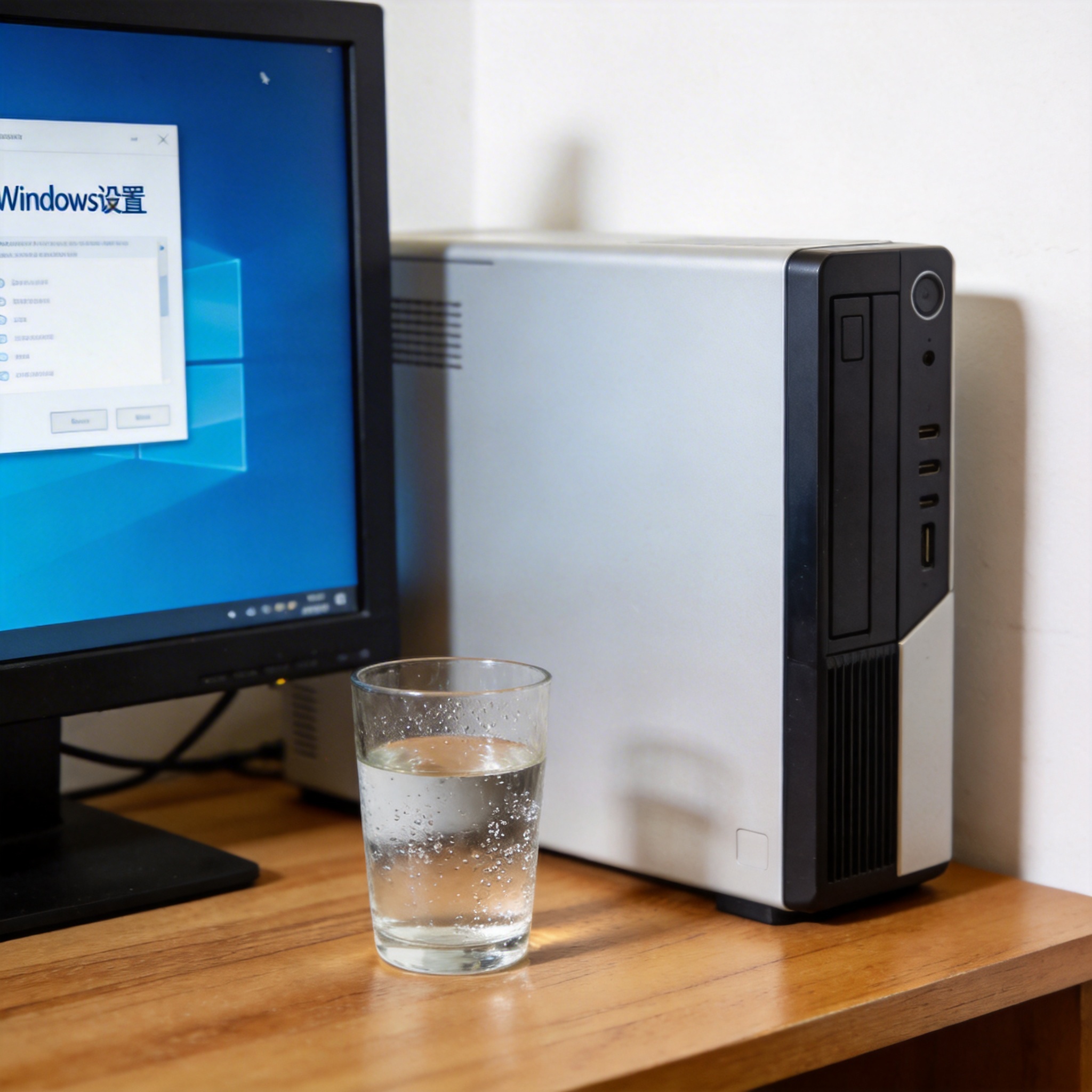 书桌上的主机，屏幕显示Windows设置界面，桌角放着水杯，自然光