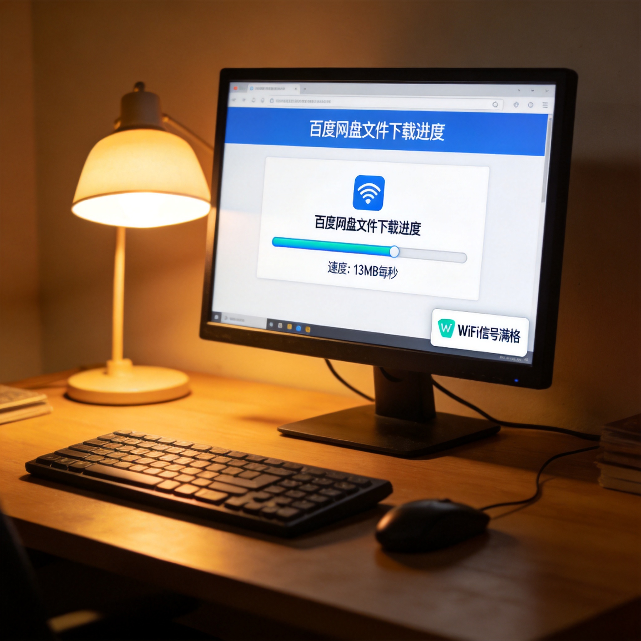 桌面的电脑屏幕显示百度网盘文件下载进度，速度显示为13MB每秒，右下角弹出WiFi信号满格提示，台灯暖光