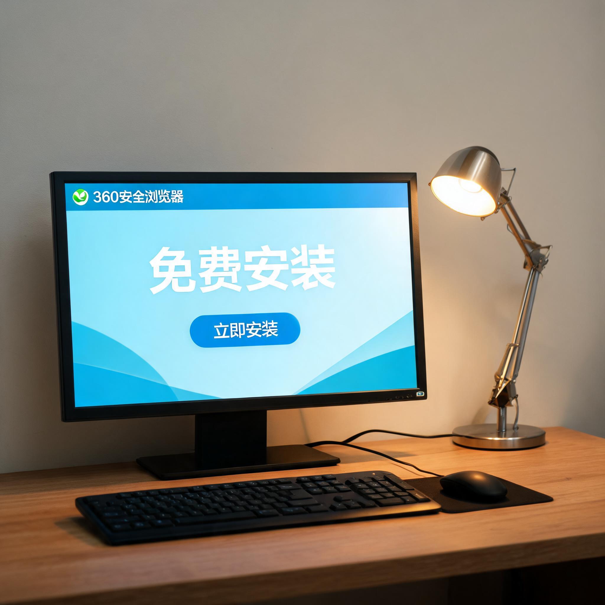电脑桌上的电脑，屏幕显示360 浏览器免费安装界面，旁边放着台灯