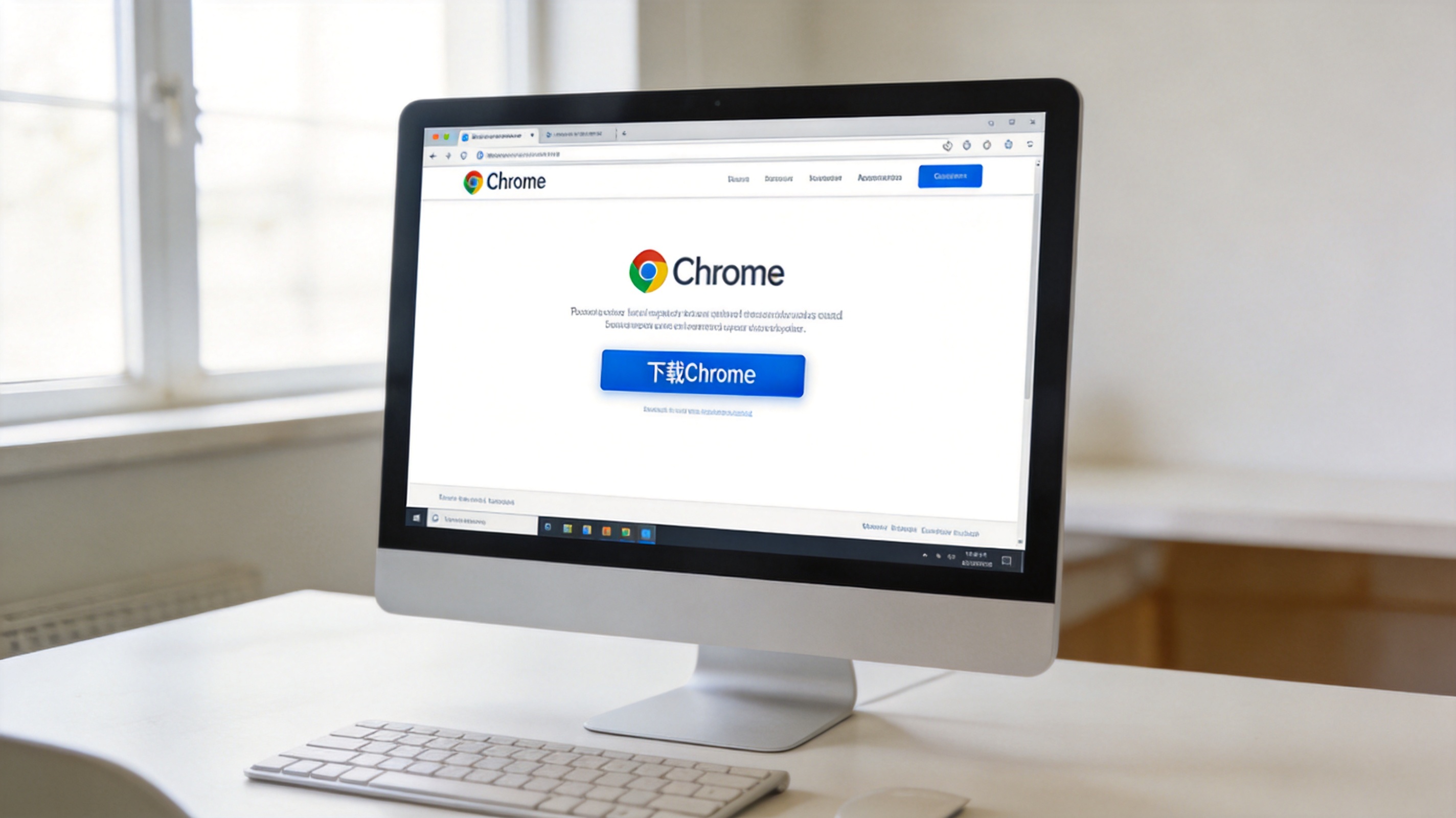 电脑桌面，屏幕显示Chrome官方网站界面，页面有显眼的“下载Chrome”按钮，室内自然光