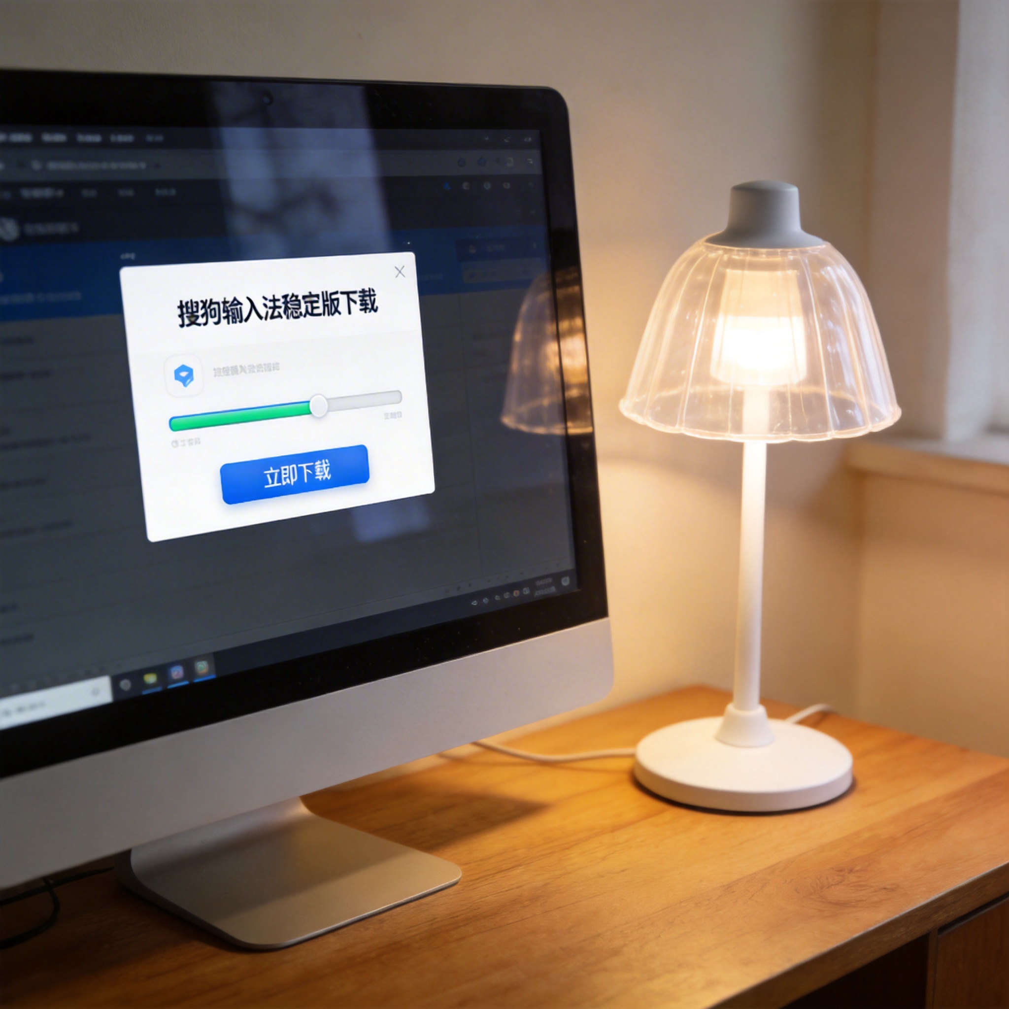 电脑桌上的电脑，屏幕显示搜狗输入法稳定版下载界面，旁边放着台灯