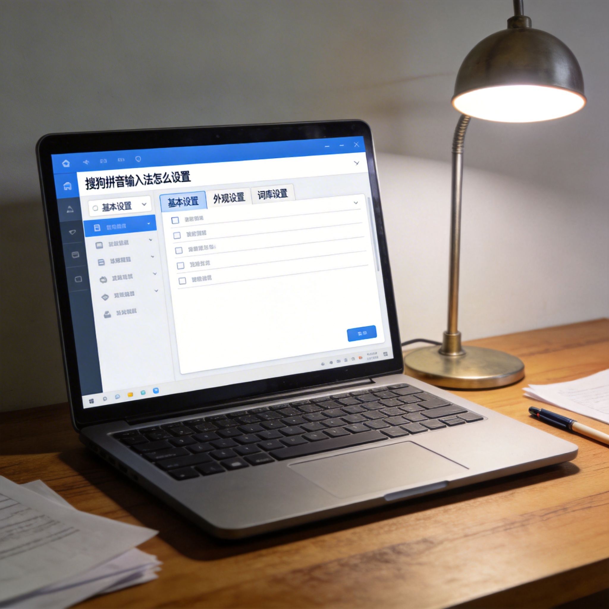 电脑桌上的电脑，屏幕显示搜狗拼音输入法怎么设置菜单，旁边放着台灯