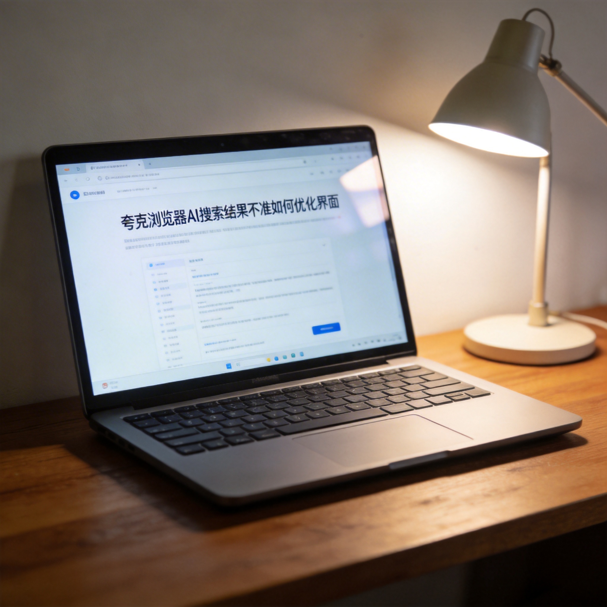 电脑桌上的电脑，屏幕显示夸克浏览器 AI 搜索结果不准如何优化界面，旁边放着台灯
