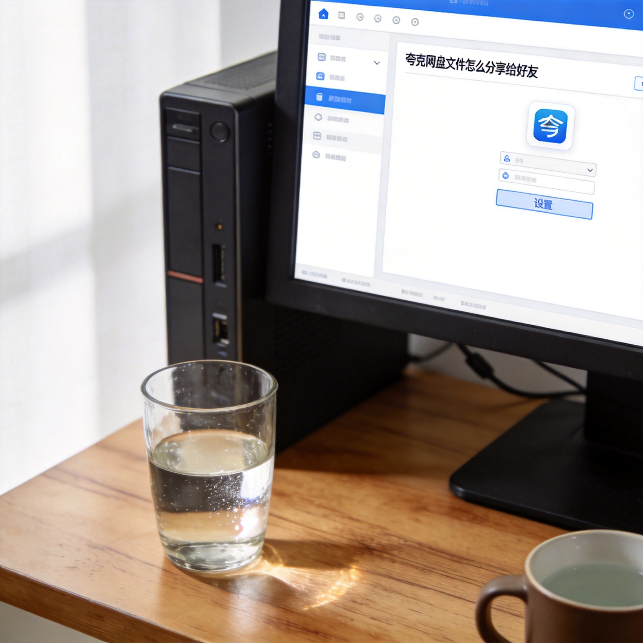 书桌上的主机，屏幕显示夸克网盘文件怎么分享给好友设置界面，桌角放着水杯，自然光