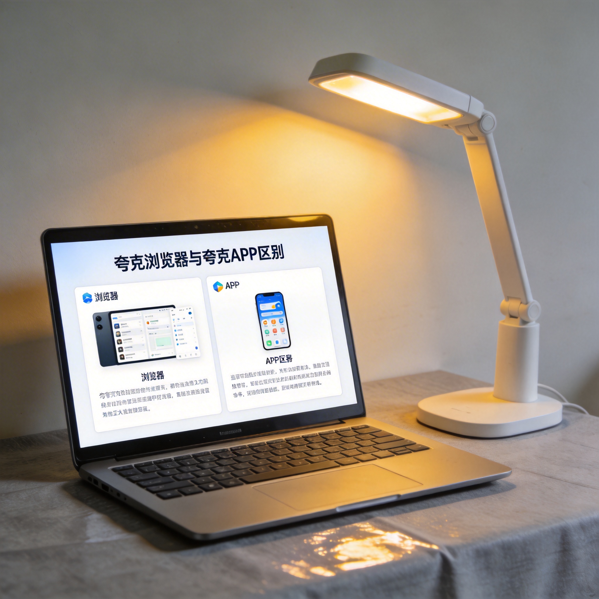 电脑桌上的电脑，屏幕显示夸克浏览器和夸克 APP 区别界面，旁边放着台灯