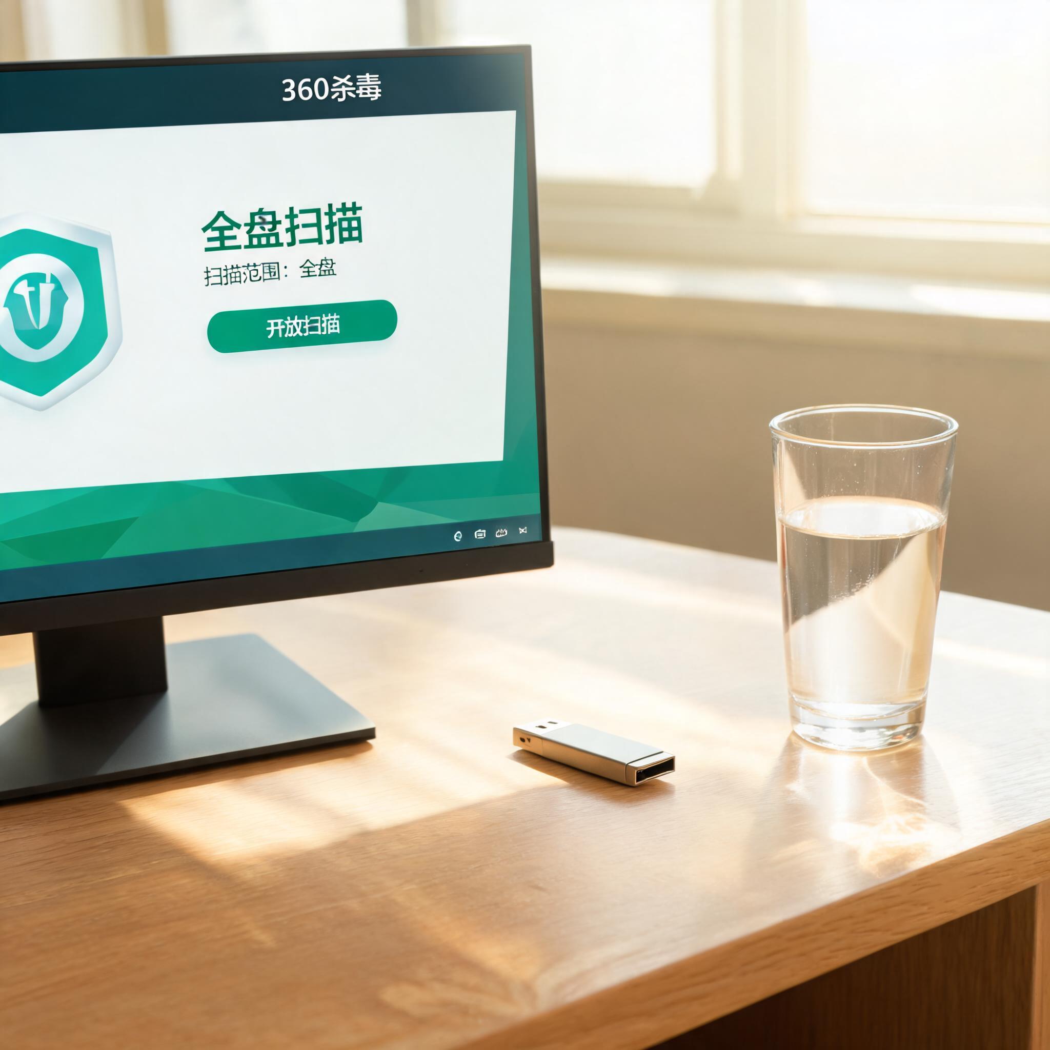 书桌上的U盘，屏幕显示360 杀毒全盘扫描设置界面，桌角放着水杯，自然光