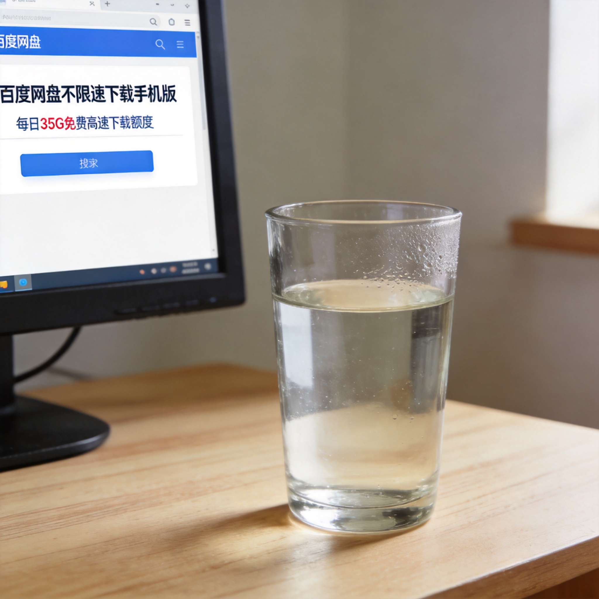 电脑桌的电脑屏幕显示百度网盘不限速下载手机版的界面，页面标注每日35G免费高速下载额度，桌面放着半杯温水，室内自然光